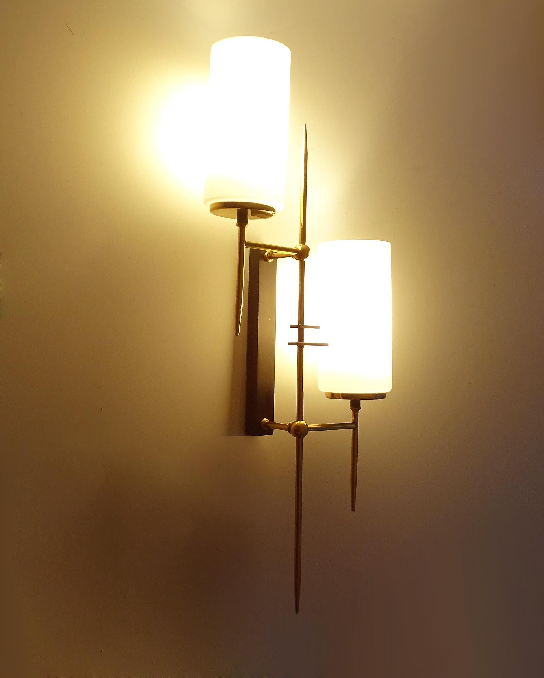 Exceptional  Pair of Large Brass Glass Sconces, France, 1960s, Stilnovo Style For Sale 4