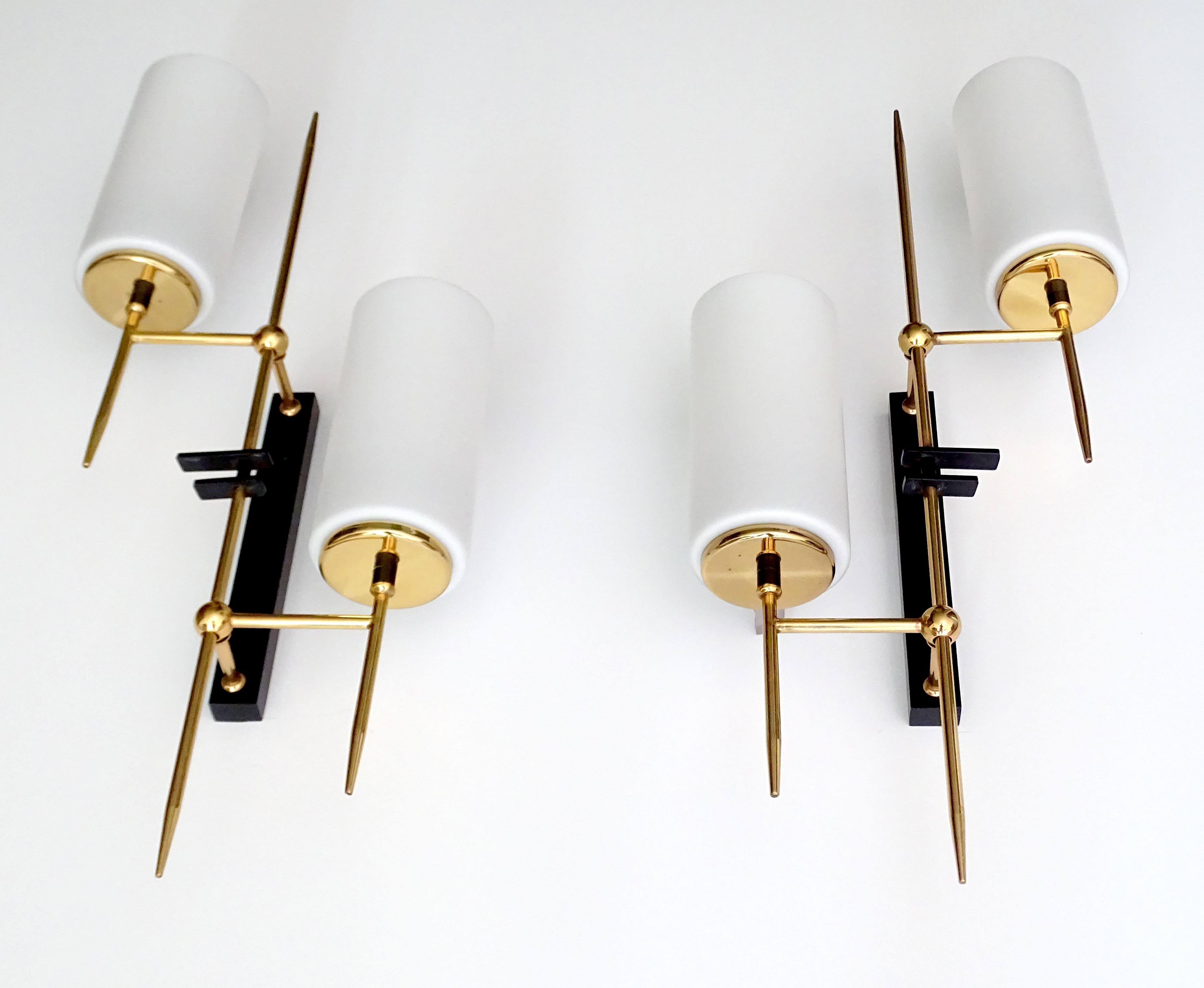 Exceptional  Pair of Large Brass Glass Sconces, France, 1960s, Stilnovo Style For Sale 5