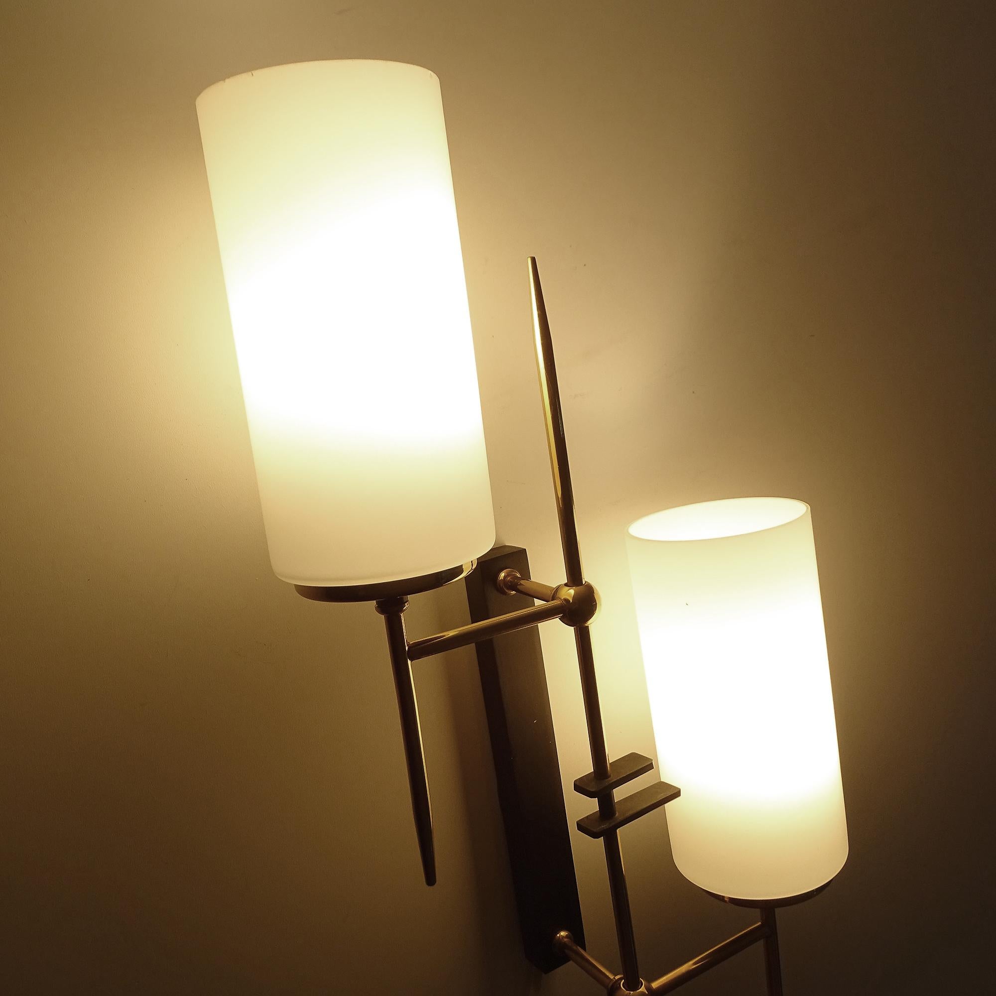 Exceptional  Pair of Large Brass Glass Sconces, France, 1960s, Stilnovo Style For Sale 9