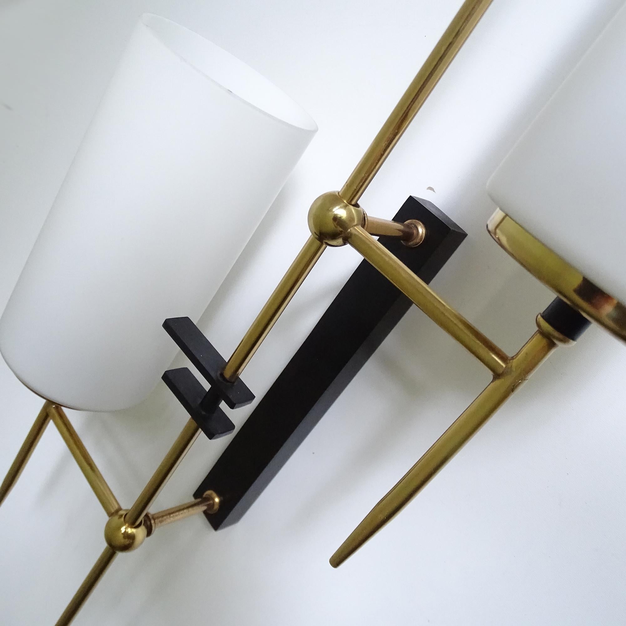 Exceptional  Pair of Large Brass Glass Sconces, France, 1960s, Stilnovo Style For Sale 12