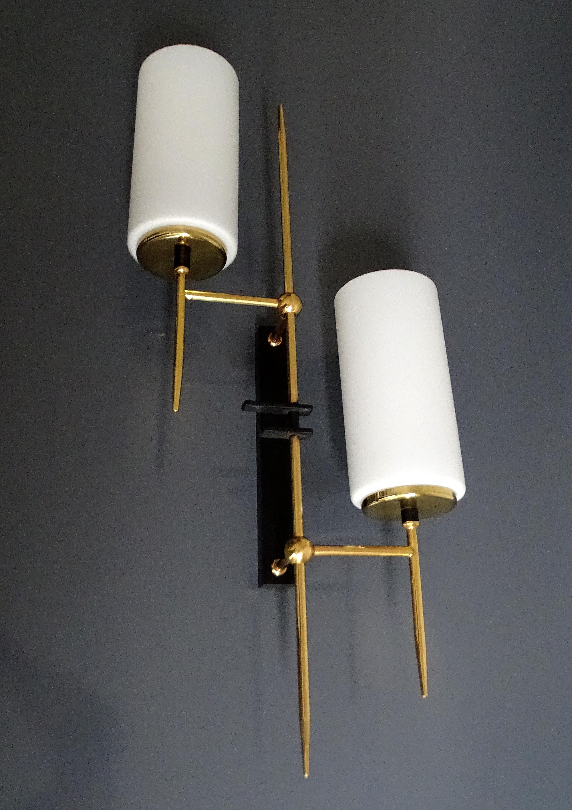 Exceptional  Pair of Large Brass Glass Sconces, France, 1960s, Stilnovo Style For Sale 1
