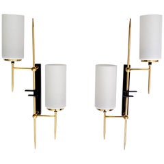 Exceptional  Pair of Large Brass Glass Sconces, France, 1960s, Stilnovo Style