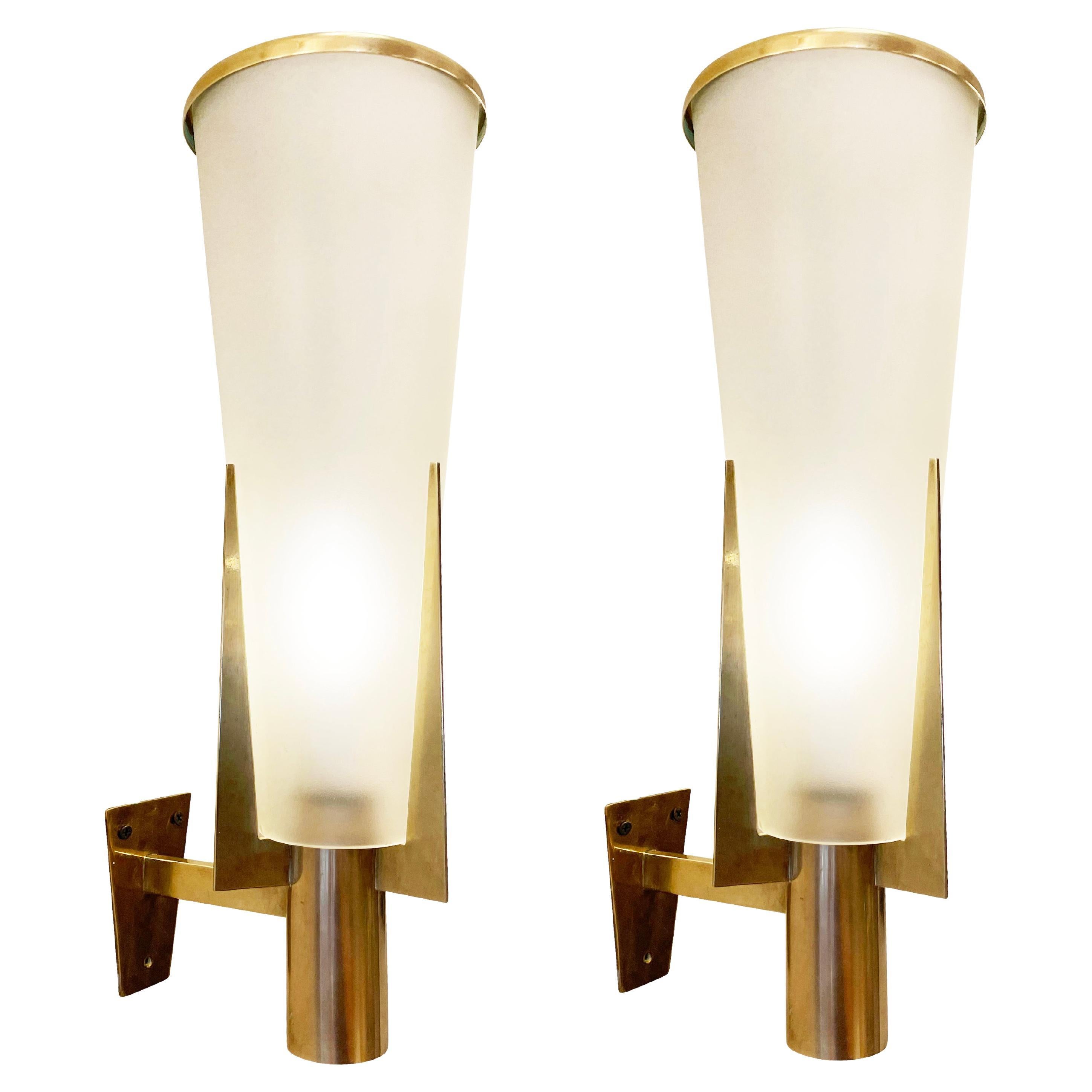 Pair of Stilnovo Wall Lights with Frosted Glass Shades For Sale at 1stDibs