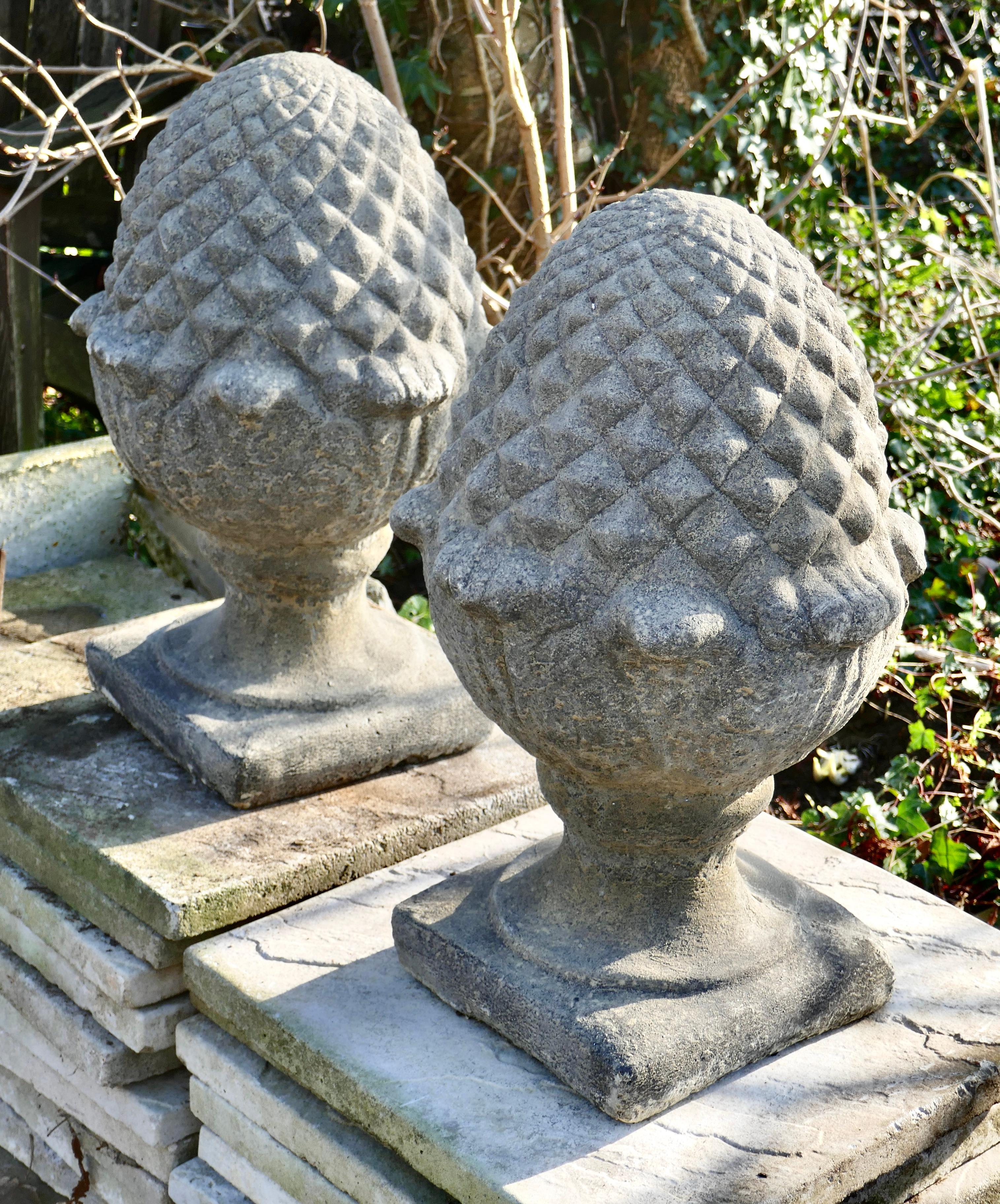 20th Century Pair of Large Stone Pine Cone Pineapple Finials Sculptures