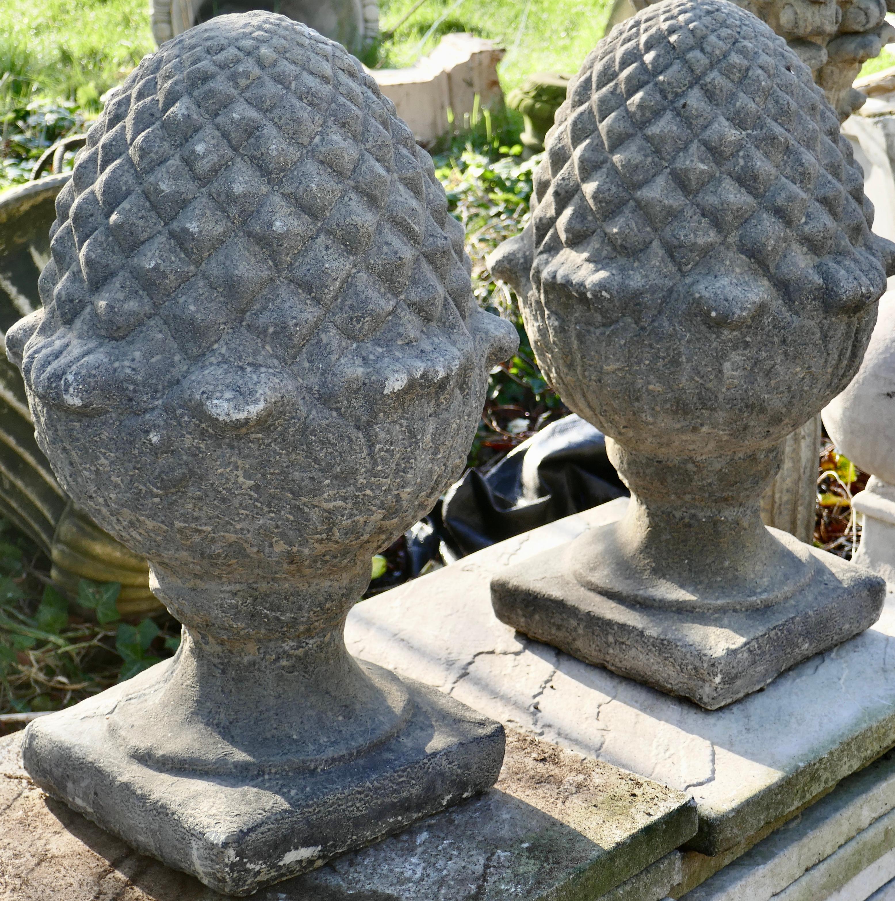 Cast Stone Pair of Large Stone Pine Cone Pineapple Finials Sculptures