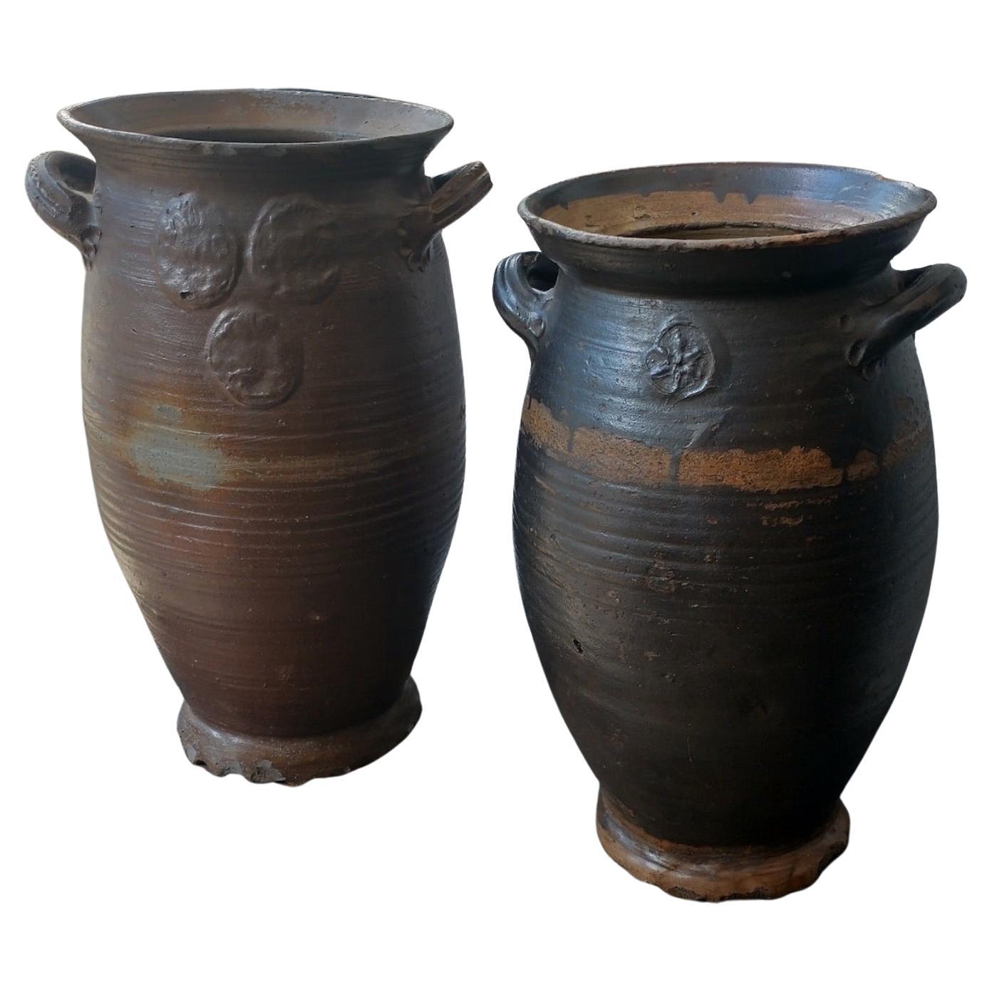 Pair of Large Stoneware Pots For Sale