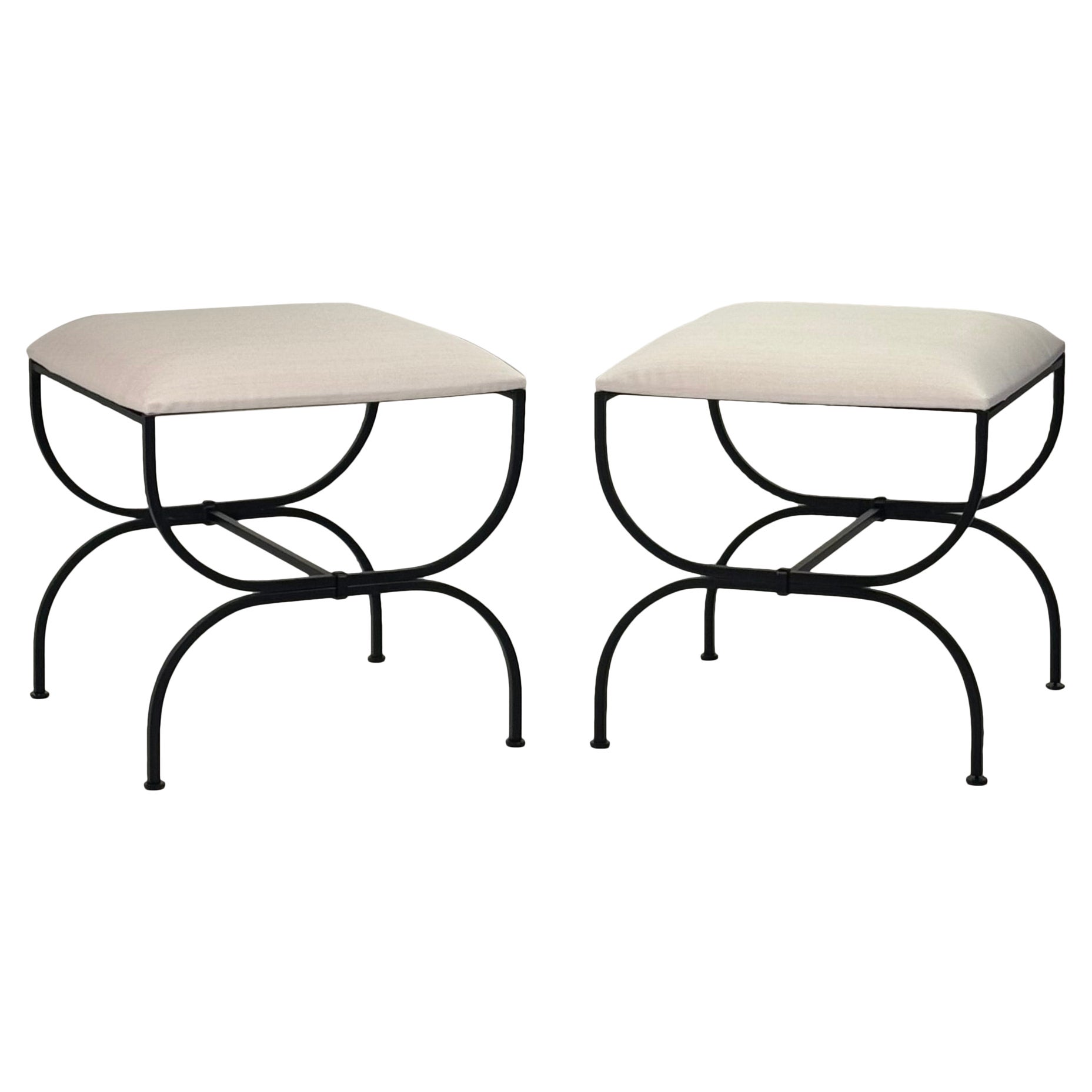 Pair of Large 'Strapontin' Cream Horsehair Stools by Design Frères