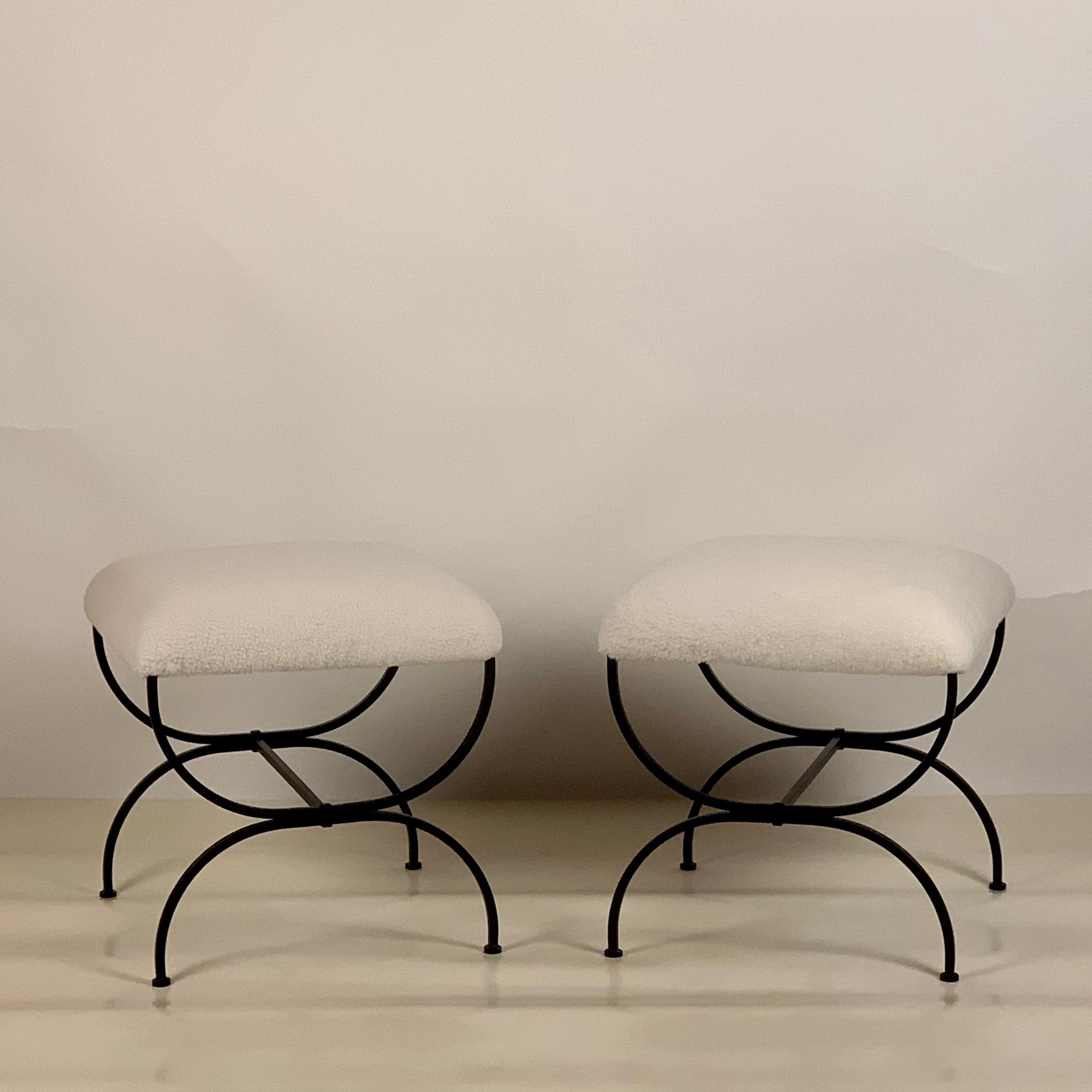 Sturdy powder coated frames fitted with gorgeous white / cream shearling seats. Upholstered firm for shape and durability.

Great in lieu of a bench.

Inspired by the timeless aesthetic of French modern design, these stools from our exclusive