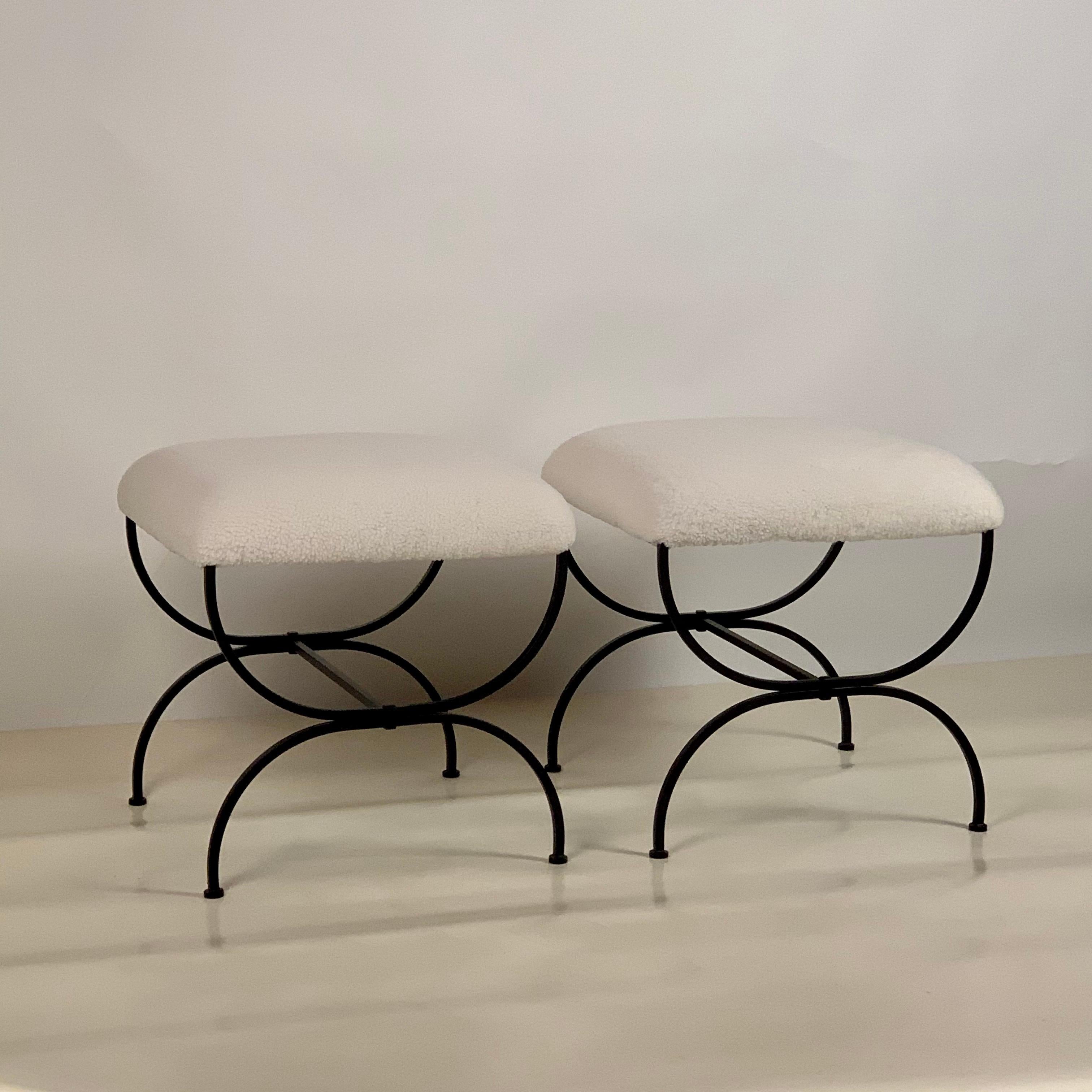 French Pair of Large 'Strapontin' Shearling Stools by Design Frères For Sale