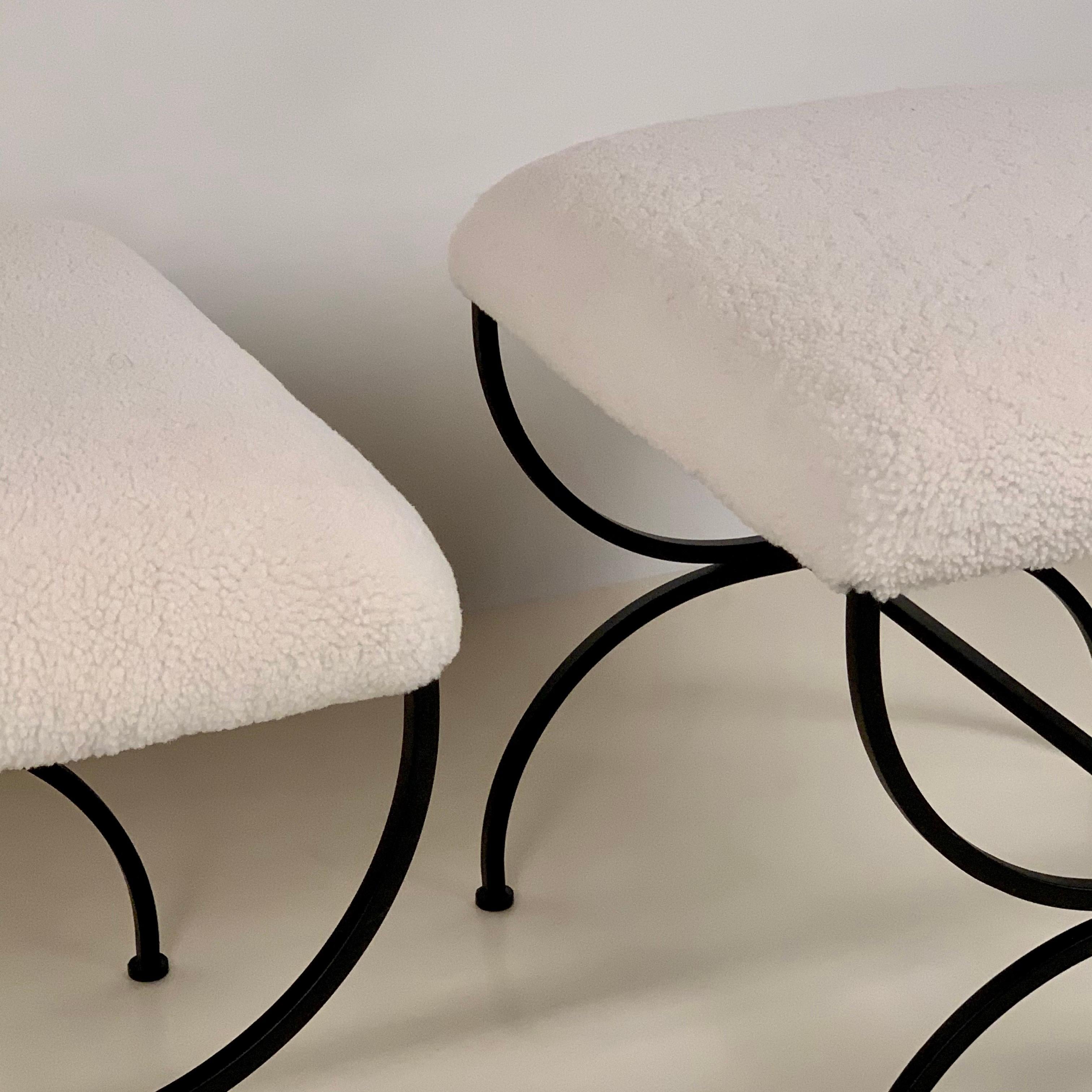Powder-Coated Pair of Large 'Strapontin' Shearling Stools by Design Frères For Sale