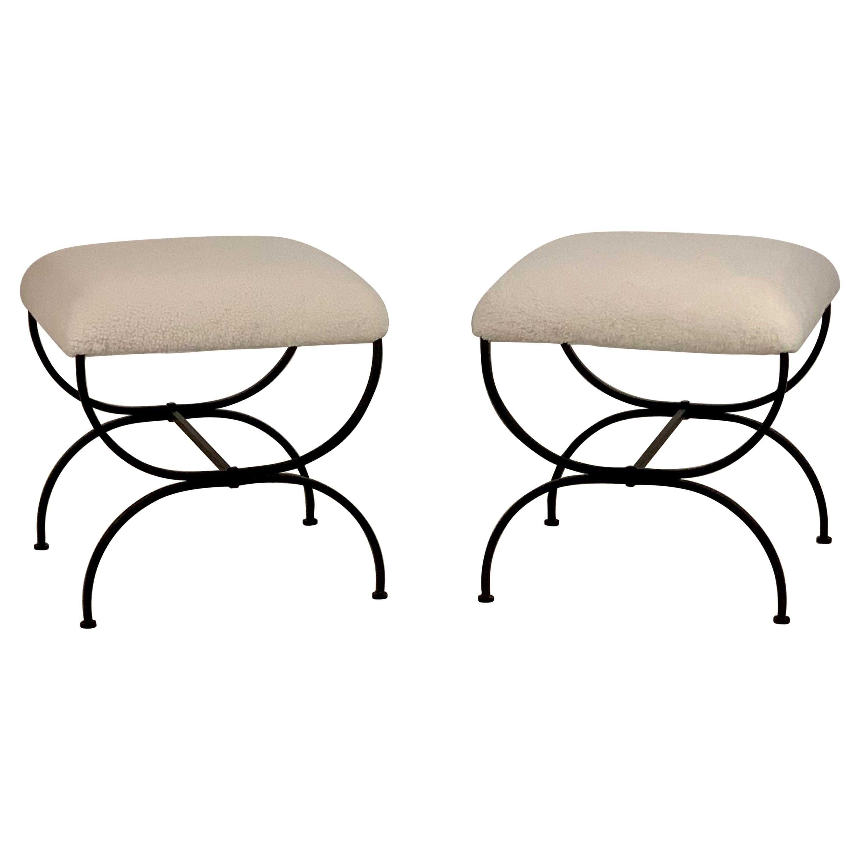 Pair of Large 'Strapontin' Shearling Stools by Design Frères