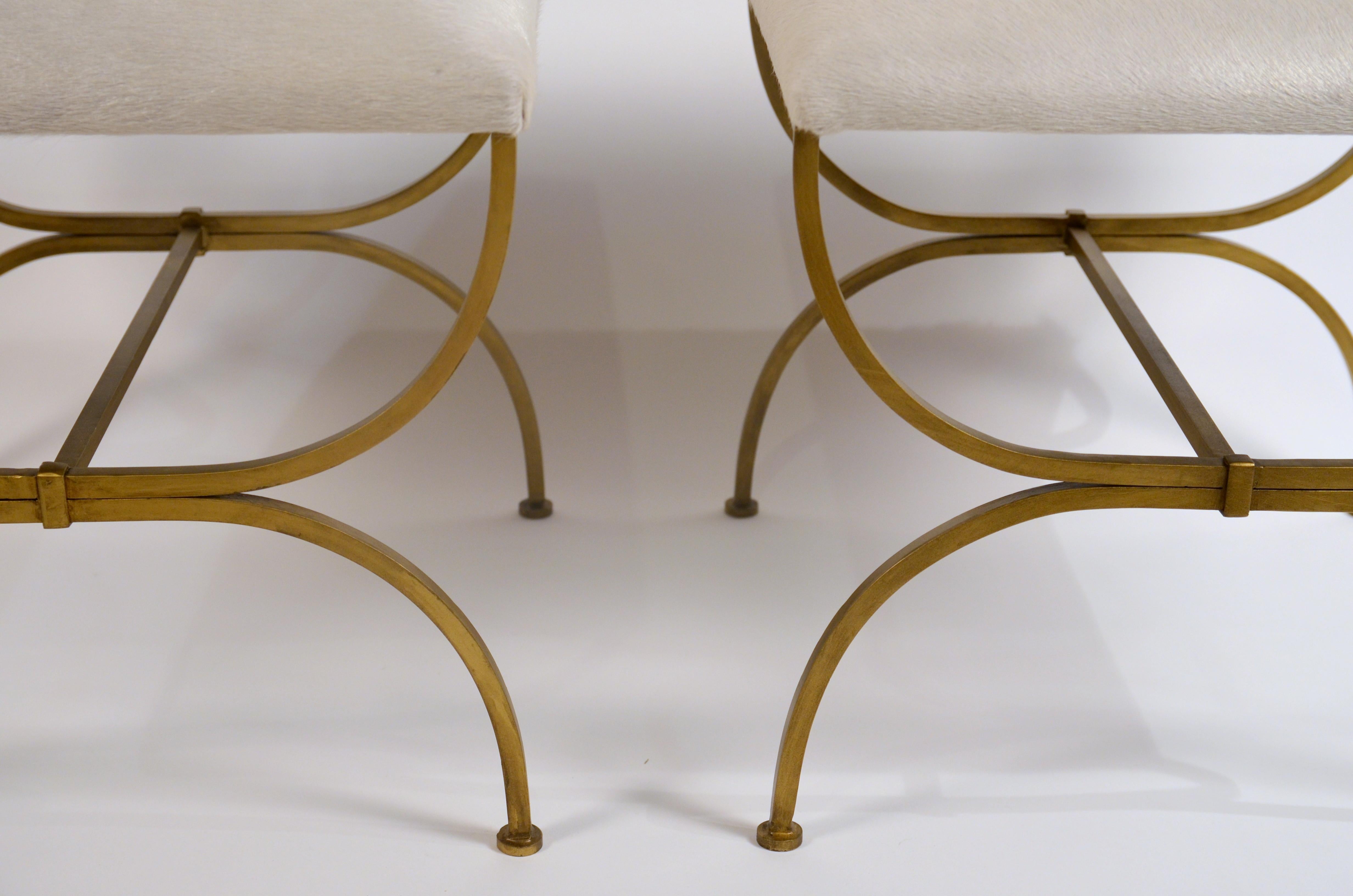 Gilt Pair of Large 'Strapontin' White Hide Stools by Design Frères For Sale