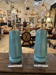 Pair of Large Striking Cerulean Blue Ceramic Pottery Table Lamps
