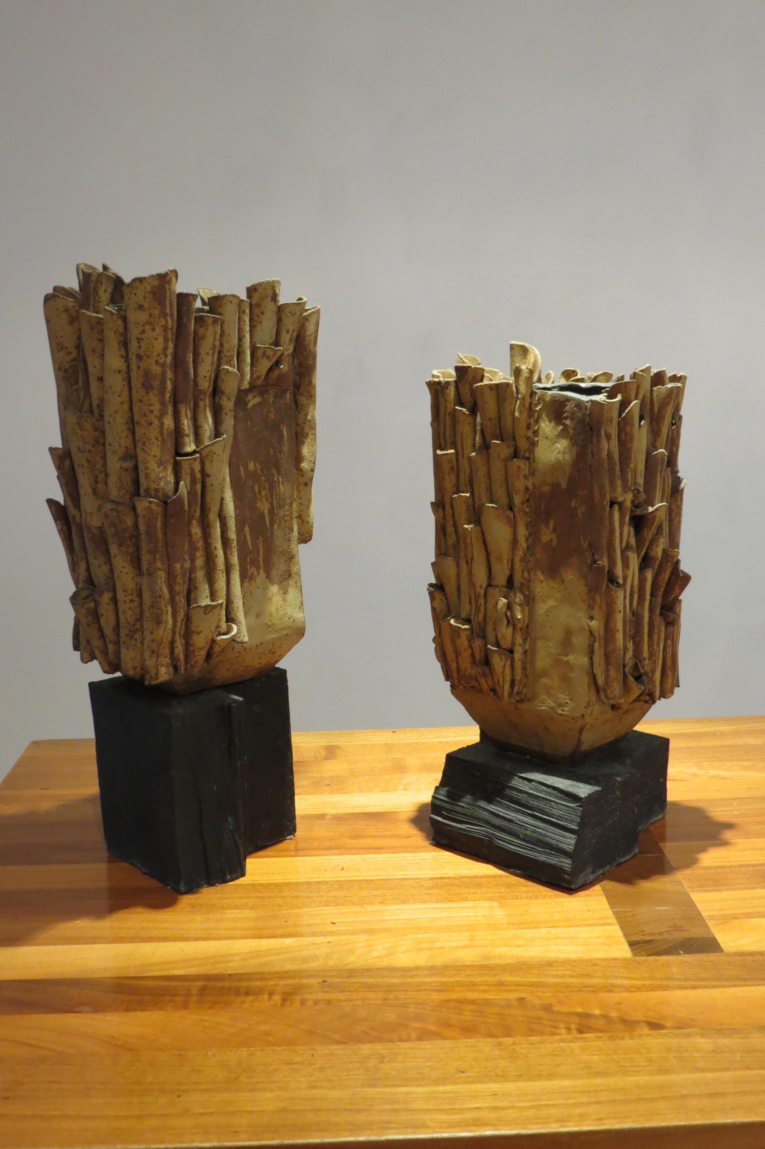 Pair of large Studio Pottery stoneware sculpture vases by Sylvia Morris
A pair of large Studio Pottery stoneware vases by Sylvia Morris. These date from the 1970s. Hand produced organic form vases mounted on ebonized wooden bases. Wonderfully