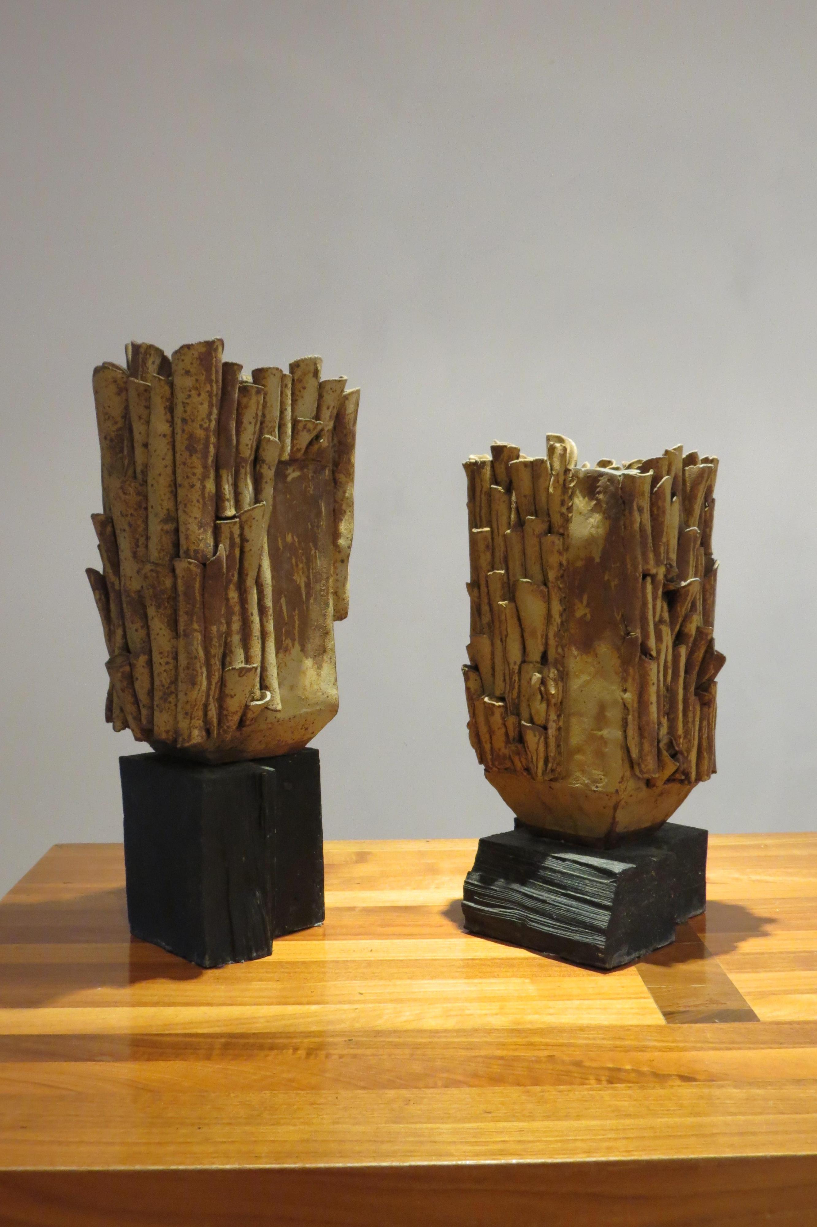 Brutalist Pair of Large Studio Pottery Stoneware Sculpture Vases by Sylvia Morris