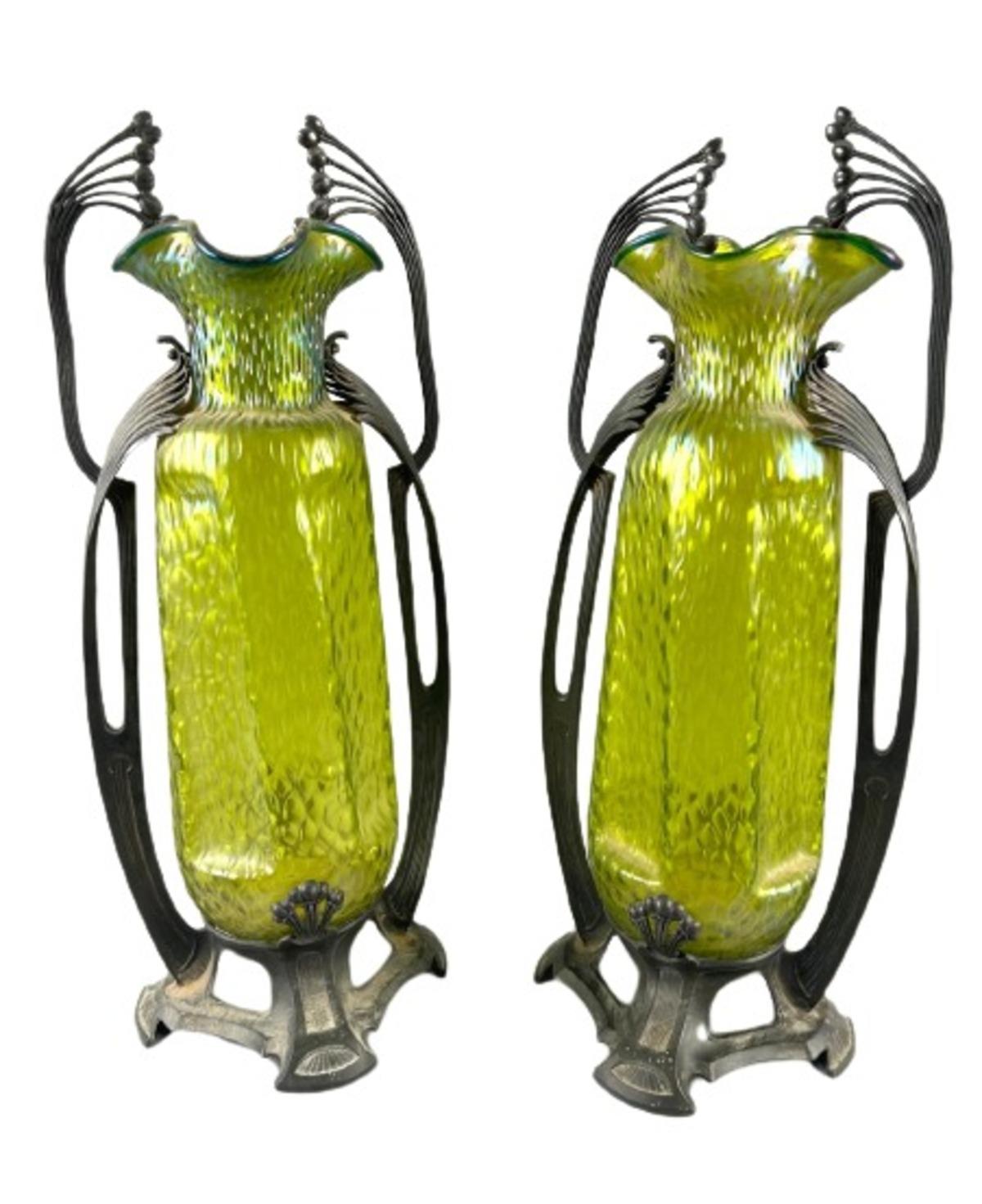 STUNNING pair of Large of Brass Mounted green glass in the taste of Johann Loetz. In very good condition. Size: 23.5 inches height !!!