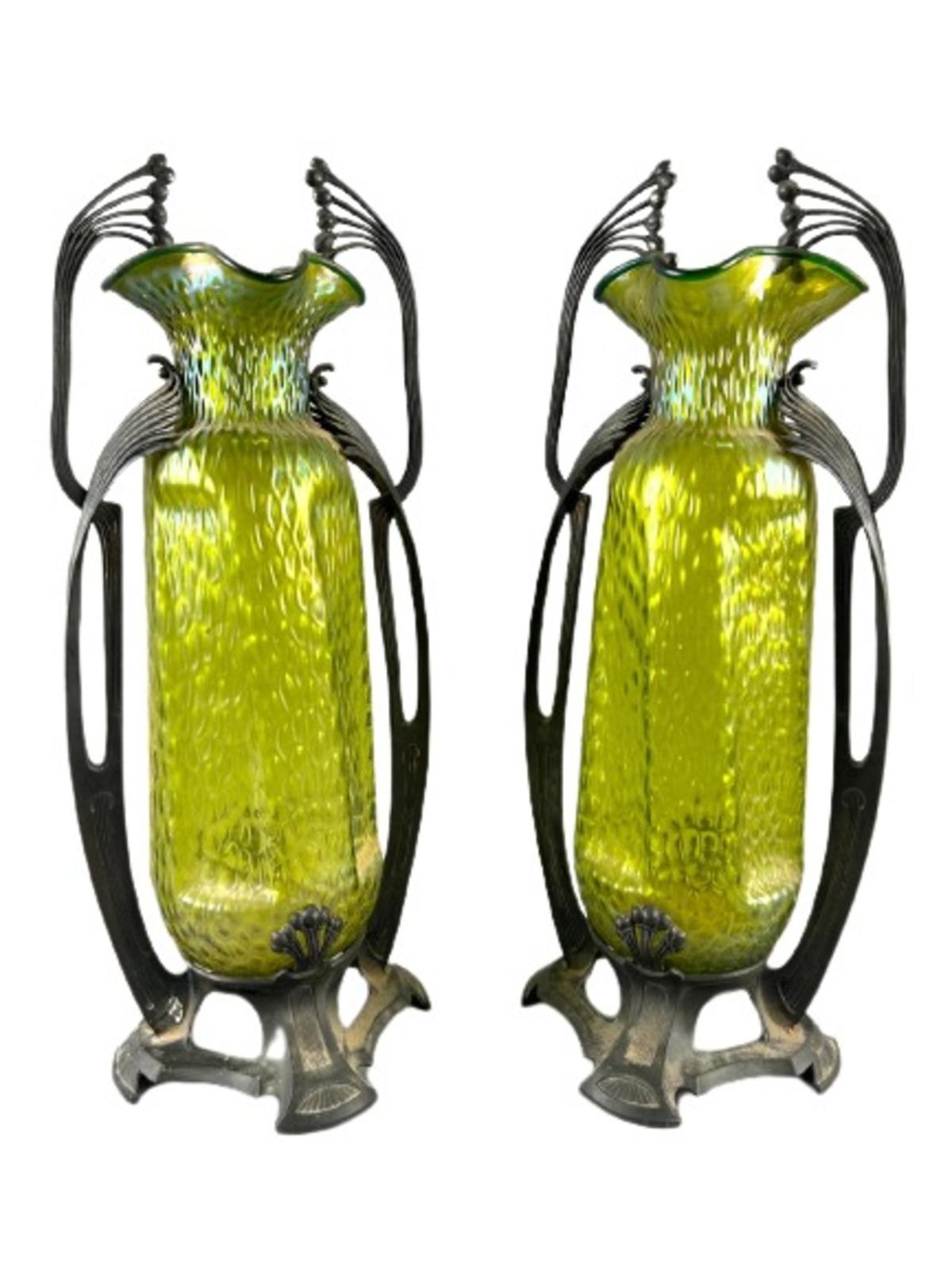 Czech Pair of LARGE STUNNING art nouveau vases in the taste of Loetz. AMAZING For Sale
