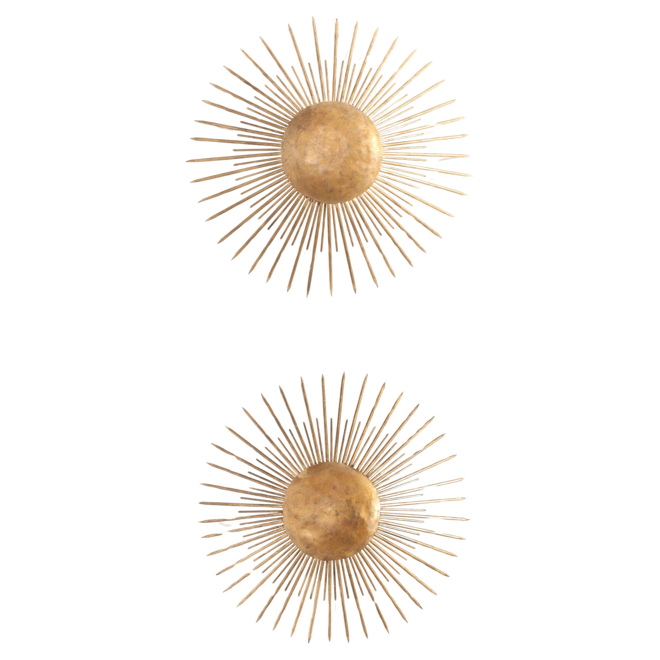 Pair of Large Sunburst Wall or Ceiling Lamps from 1940's, France