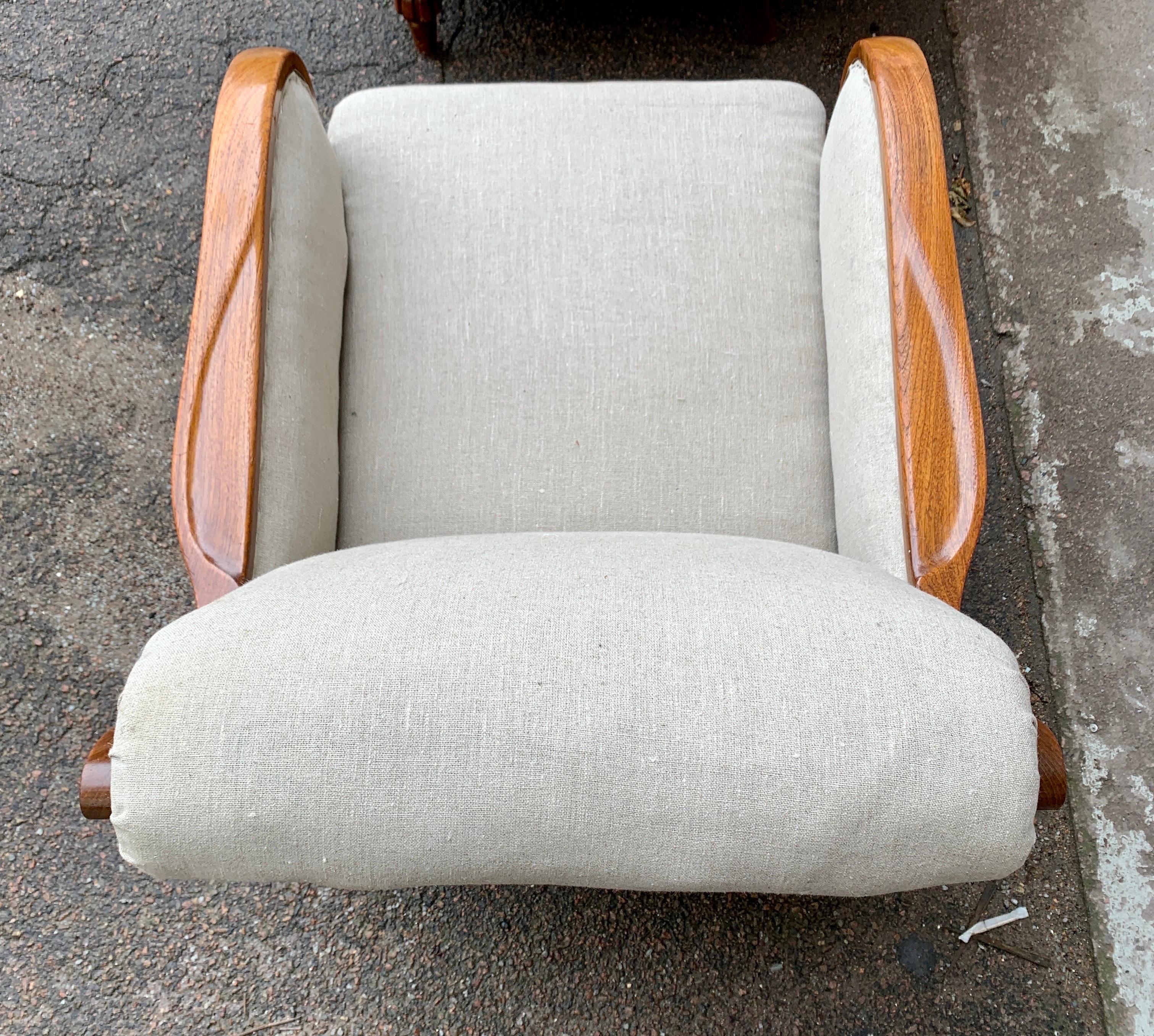 Pair of Large Swedish 19th Cantury Oak Armchairs in Beige Fabric 4