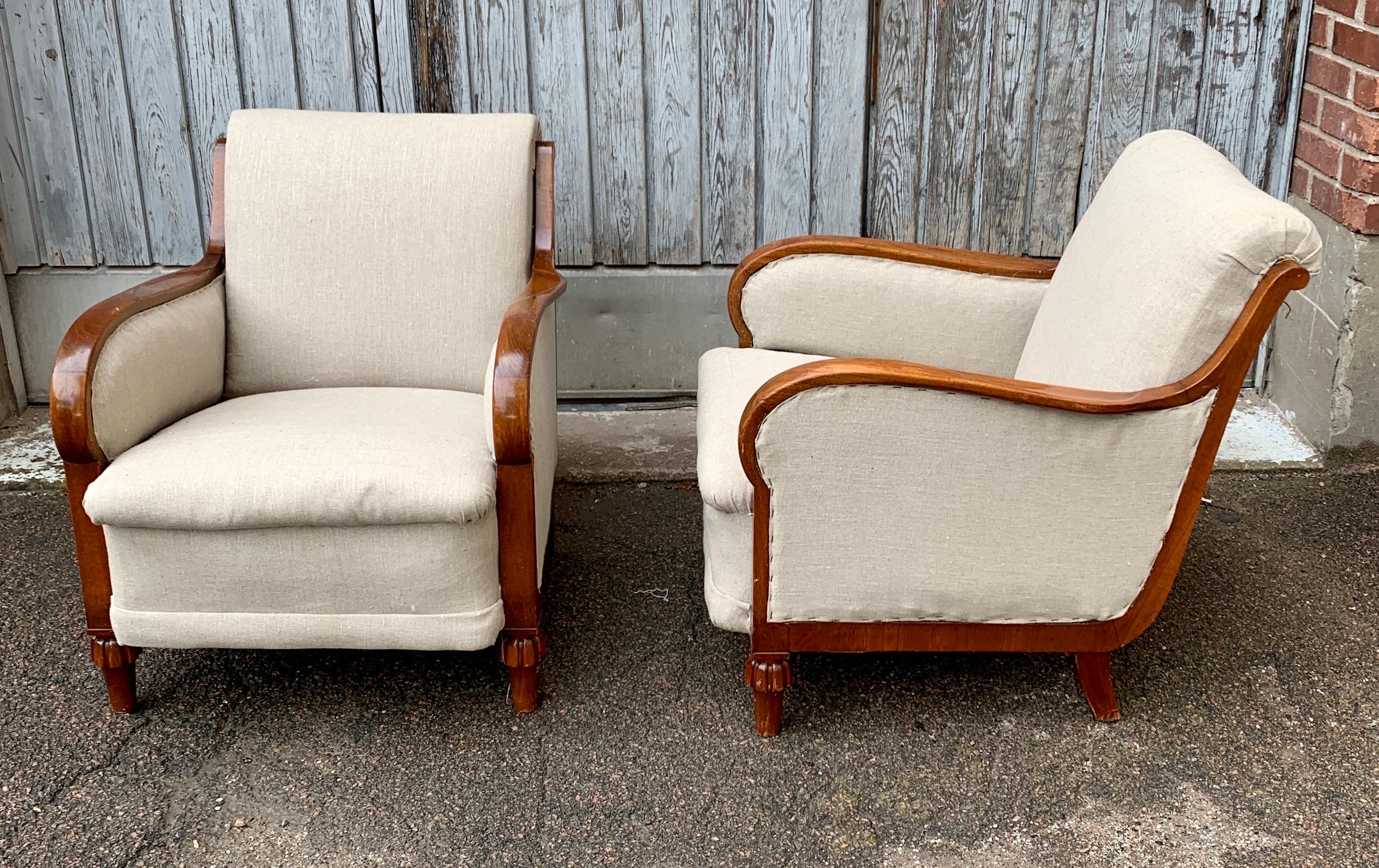 Pair of Large Swedish 19th Cantury Oak Armchairs in Beige Fabric 5
