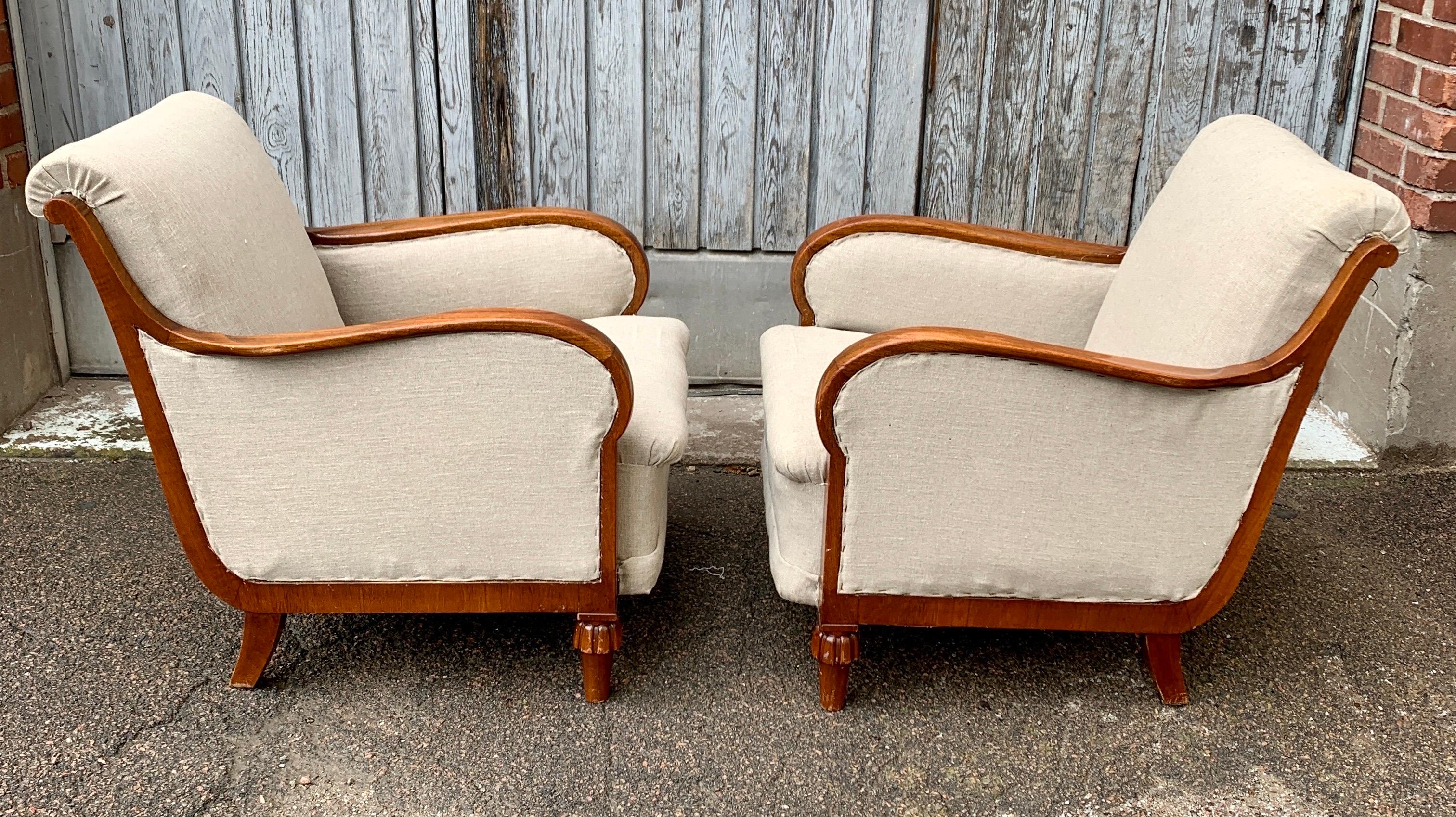 Pair of Large Swedish 19th Cantury Oak Armchairs in Beige Fabric 6