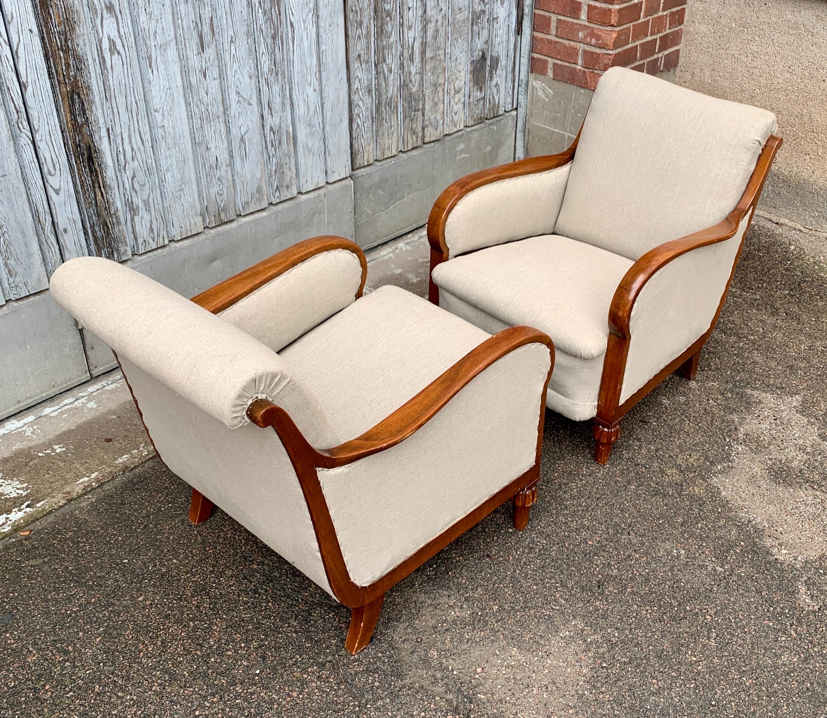 Pair of Large Swedish 19th Cantury Oak Armchairs in Beige Fabric 8