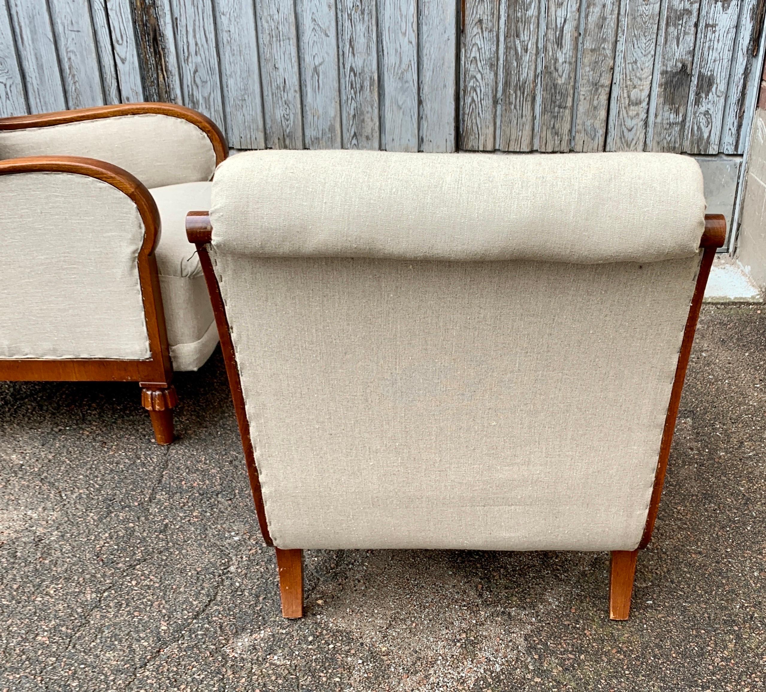 Paar große schwedische Cantury-Sessel aus Eichenholz aus dem 19. Jahrhundert mit beigem Stoff im Angebot 9