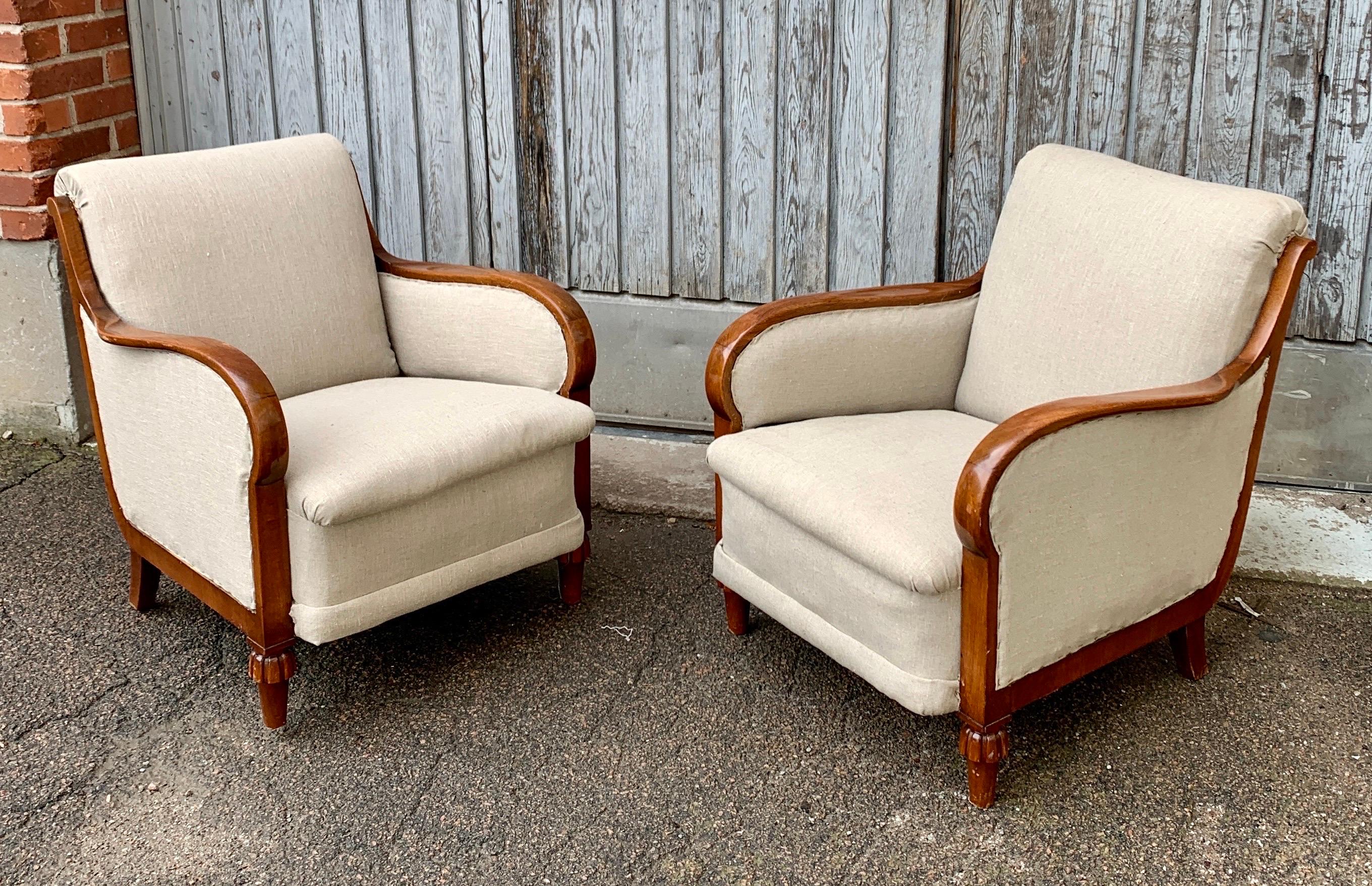 Pair of Large Swedish 19th Cantury Oak Armchairs in Beige Fabric For Sale 13