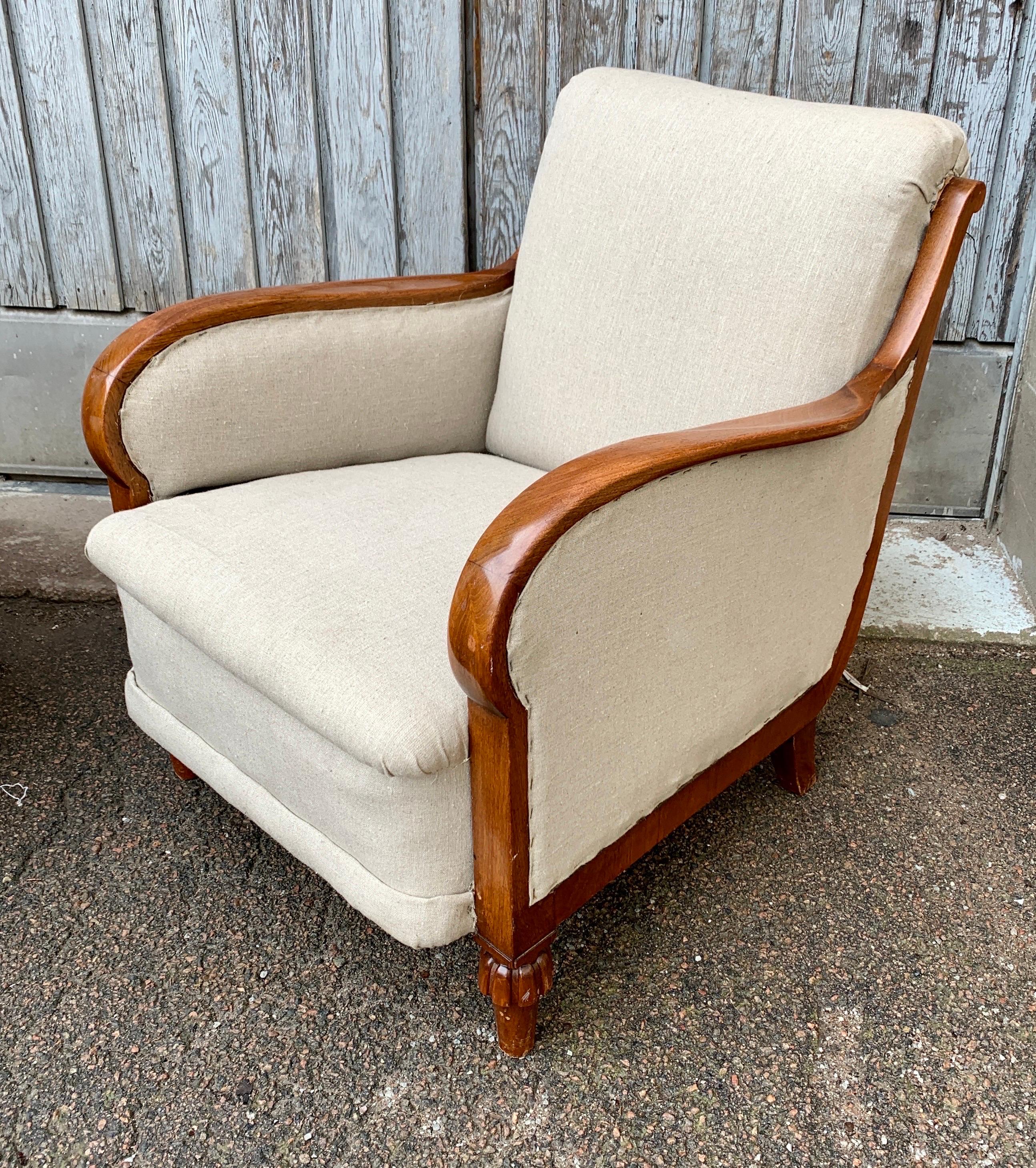 Pair of Large Swedish 19th Cantury Oak Armchairs in Beige Fabric For Sale 14