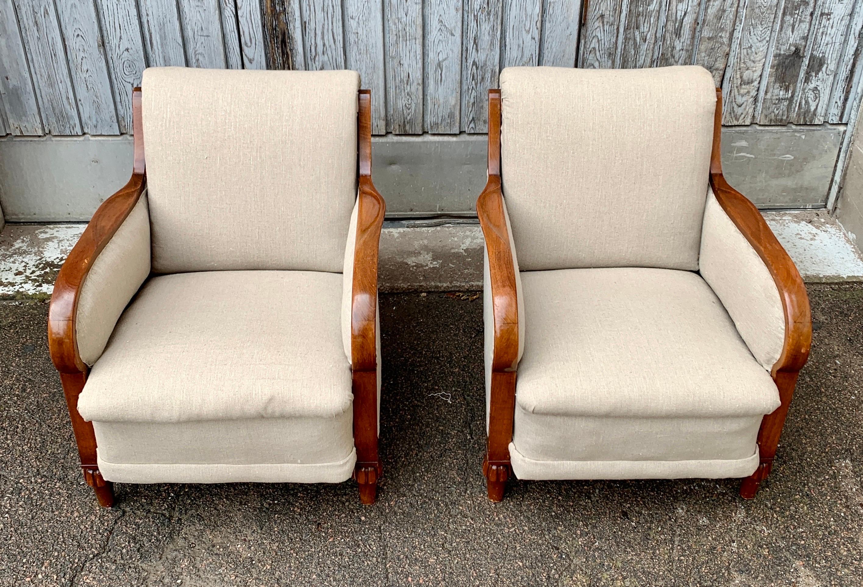 Gustavian Pair of Large Swedish 19th Cantury Oak Armchairs in Beige Fabric For Sale