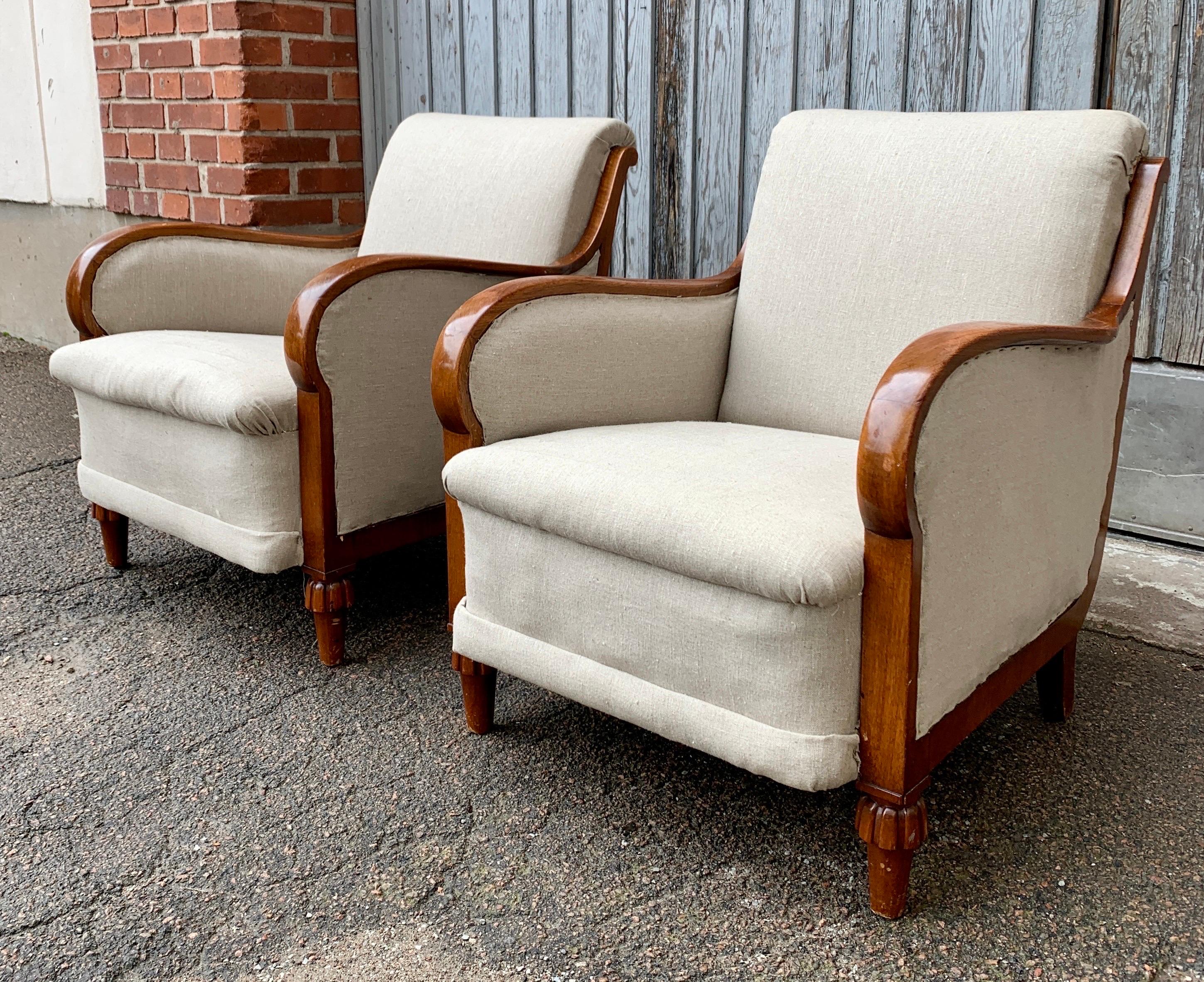 Gustavian Pair of Large Swedish 19th Cantury Oak Armchairs in Beige Fabric