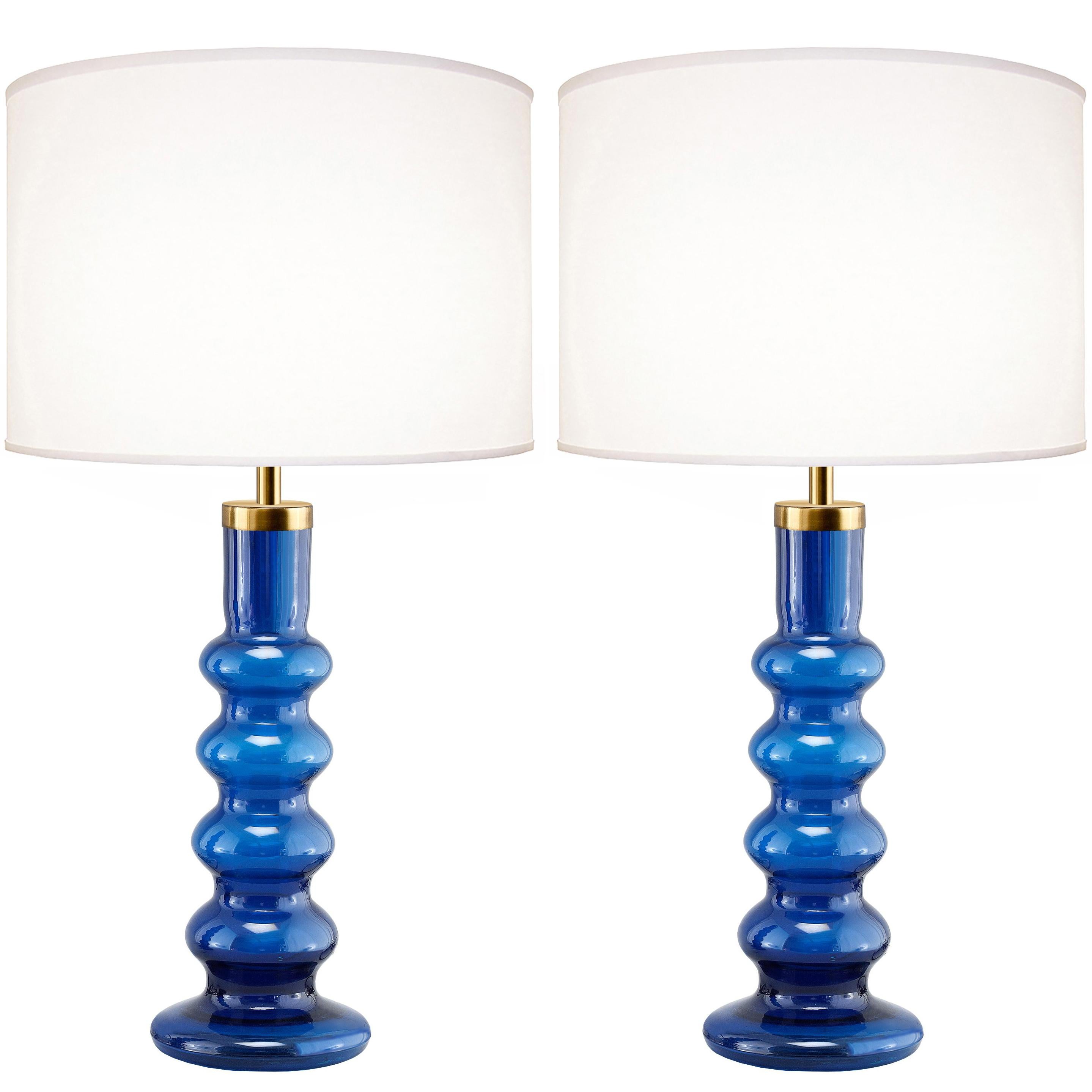 Pair of Large Swedish Blue Glass Lamps For Sale
