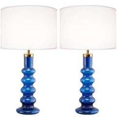 Pair of Large Swedish Blue Glass Lamps