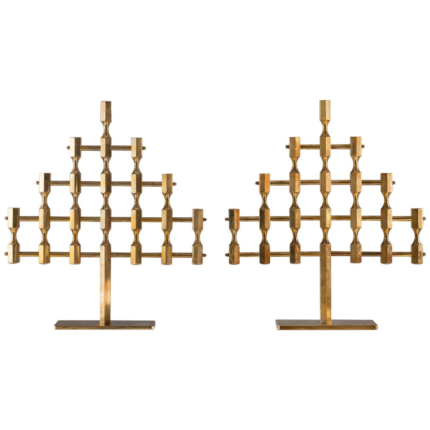 Pair of Large Swedish Candelabras in Brass by Lars Bergsten for Gusum