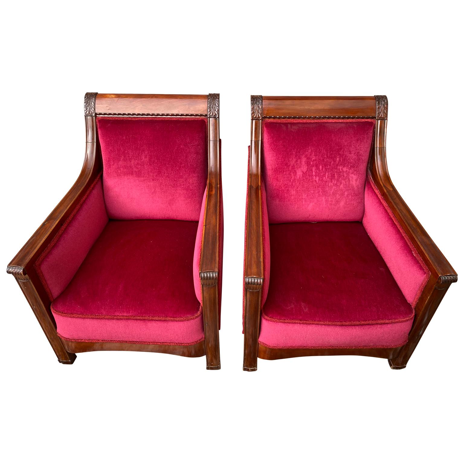 Jugendstil Pair of Large Swedish Jugend Mahogany Armchairs in Red Velvet Fabric