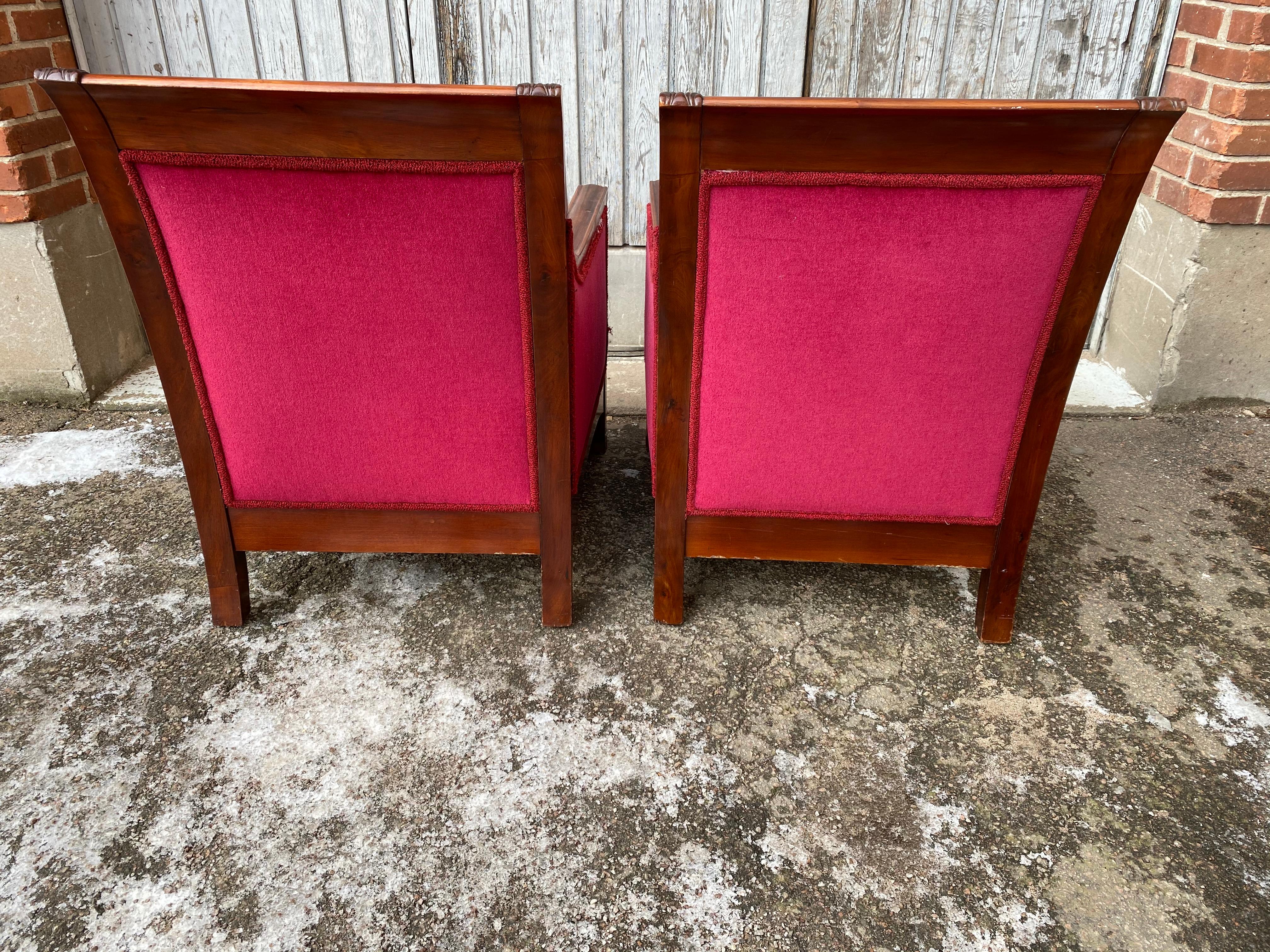 Pair of Large Swedish Jugend Mahogany Armchairs in Red Velvet Fabric 1