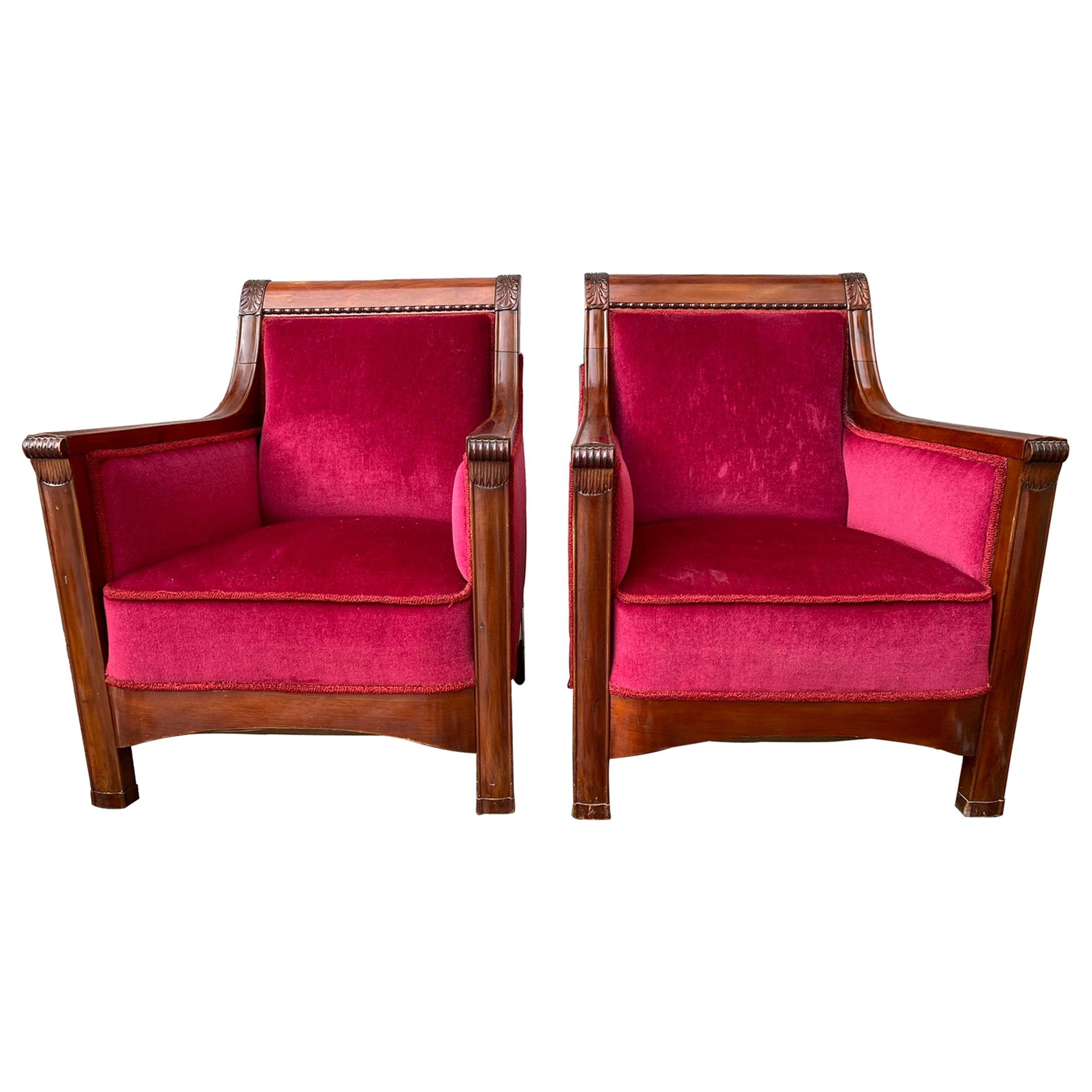 Pair of Large Swedish Jugend Mahogany Armchairs in Red Velvet Fabric