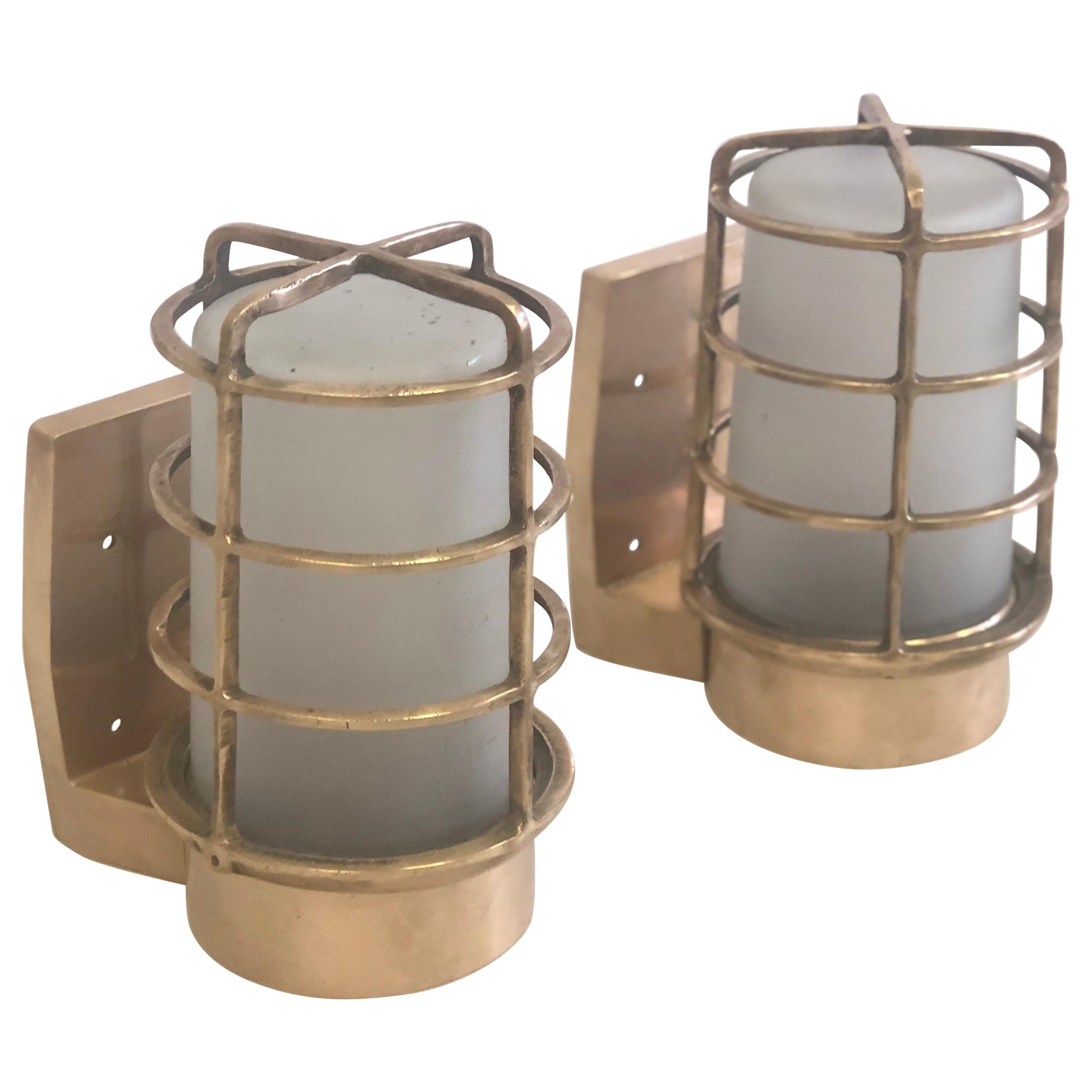 Pair of Large Swedish Midcentury Brass Marine Industrial Wall Sconces, 1930