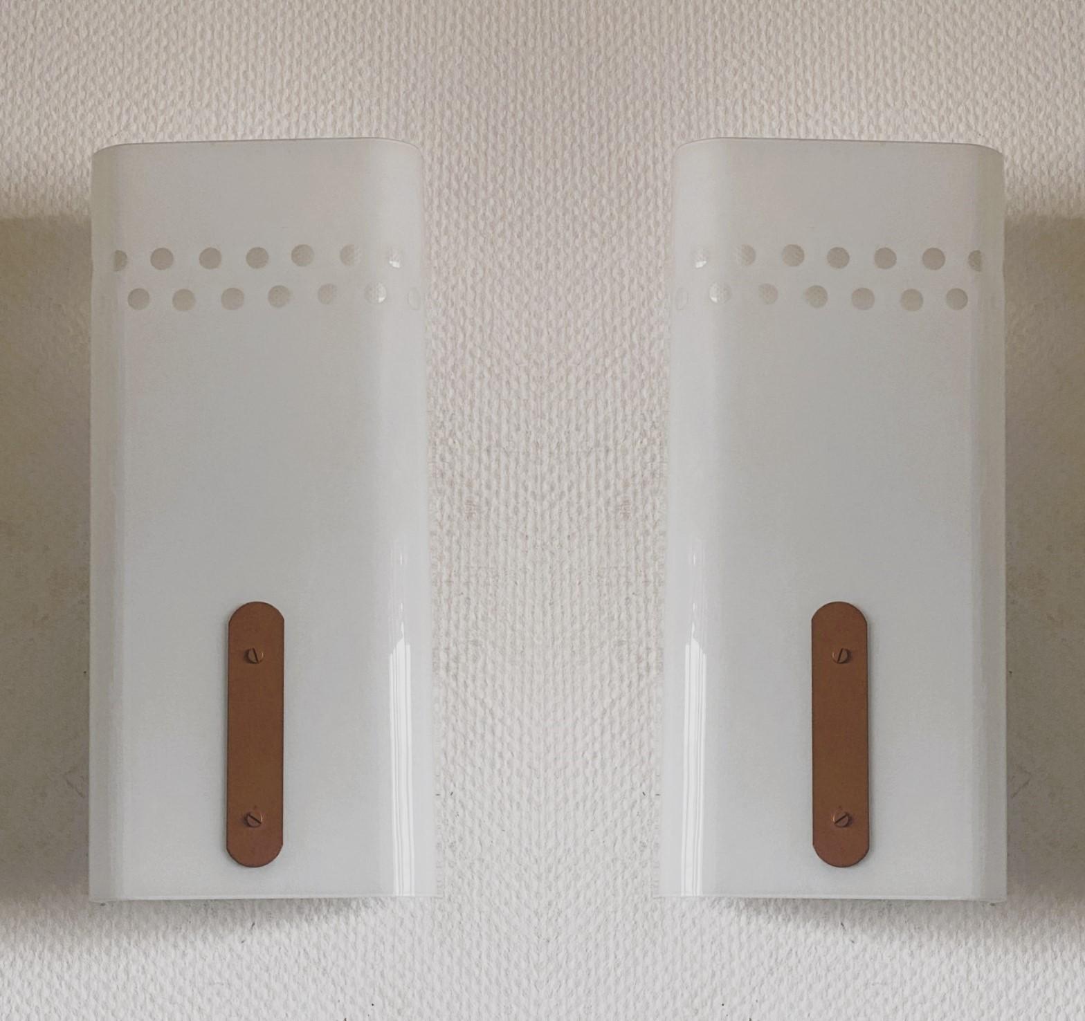 Scandinavian Modern Pair Swedish Opaline Glass Cinema Wall Light Sconces, Sweden, 1960s For Sale