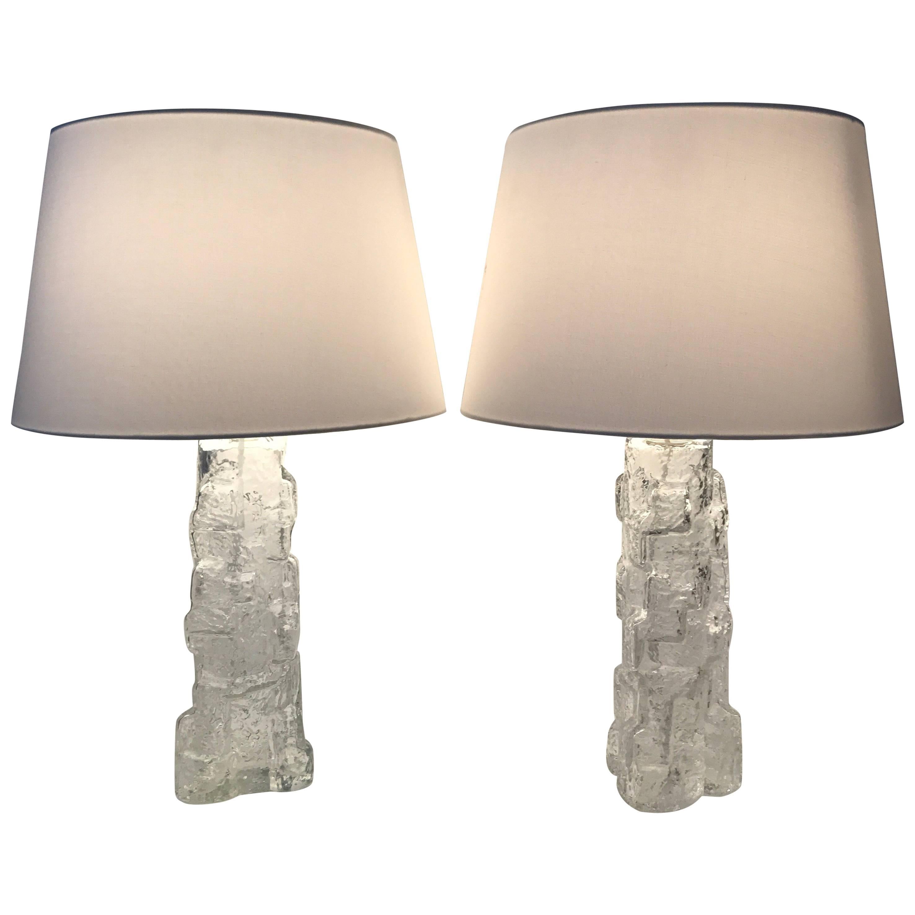 Pair of Large Swedish Reijmyre Art Glass Iceblock Imitation Table Lamps, 1960 For Sale
