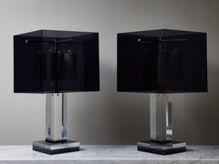 Pair of Large Table Lamp in Clear and Dark Grey Lucite