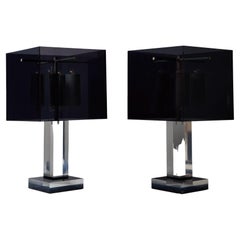 Pair of Large Table Lamp in Clear and Dark Grey Lucite