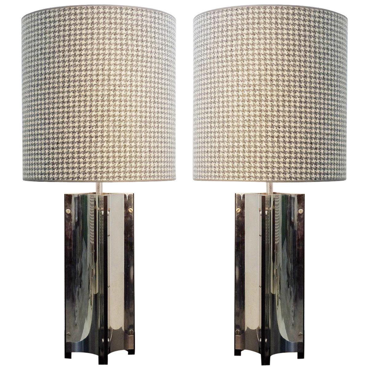 Pair of Large Table Lamps Chrome, New Houndstooth Lampshade For Sale