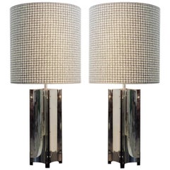 Vintage Pair of Large Table Lamps Chrome, New Houndstooth Lampshade