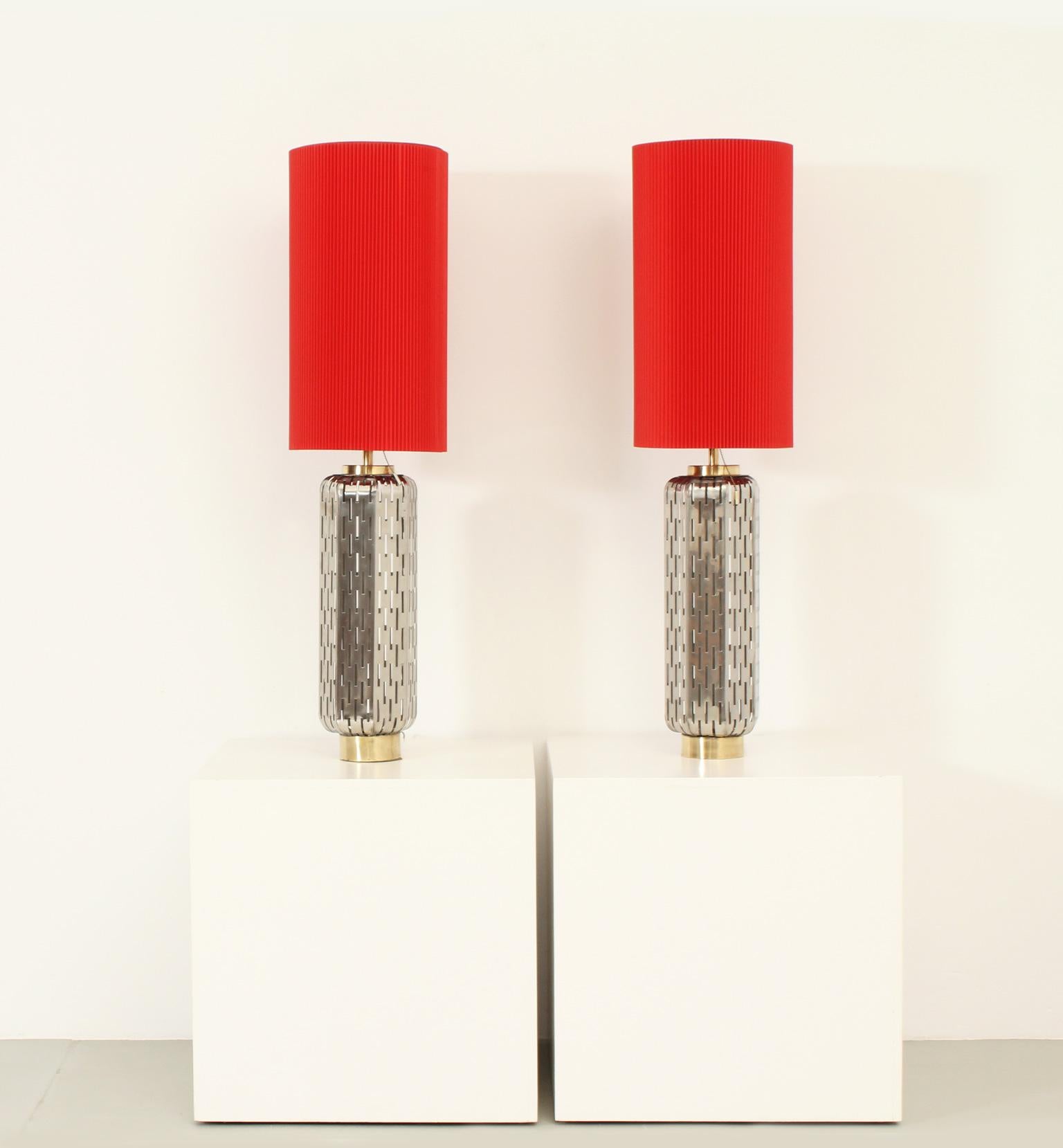Mid-Century Modern Pair of Large Table Lamps in Perforated Steel, Spain, 1960's For Sale