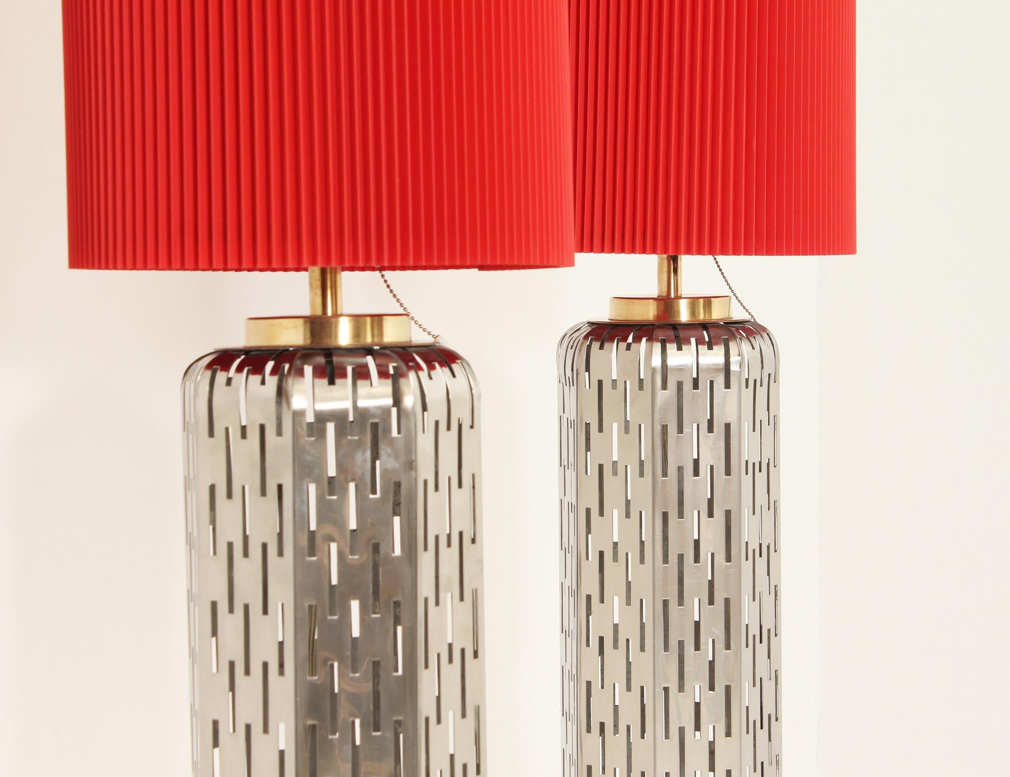 Brass Pair of Large Table Lamps in Perforated Steel, Spain, 1960's For Sale