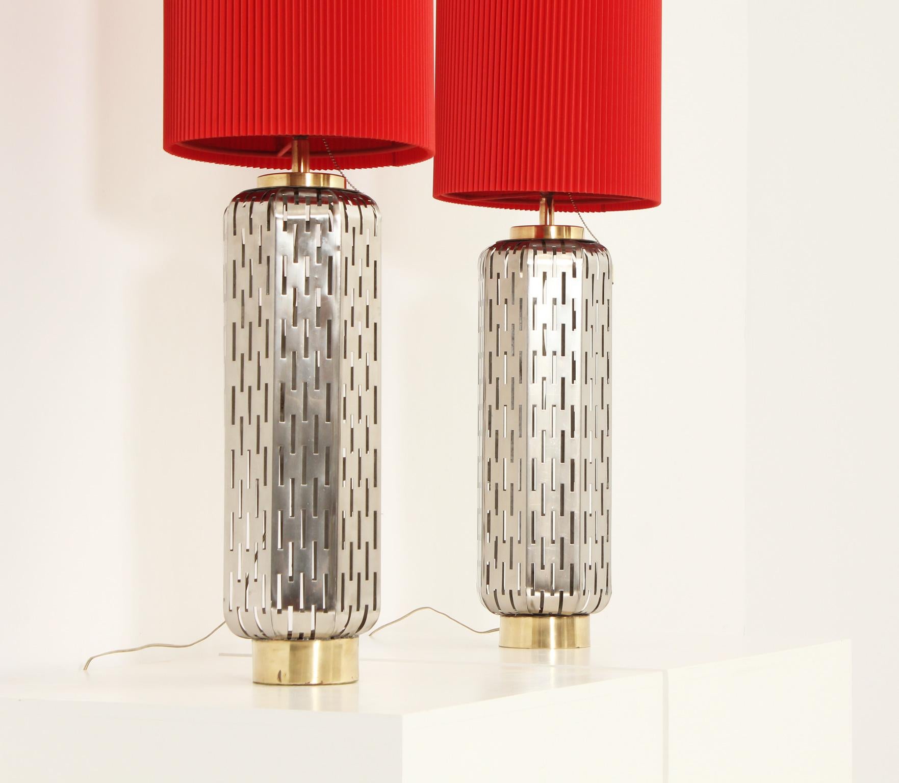 Pair of Large Table Lamps in Perforated Steel, Spain, 1960's For Sale 1