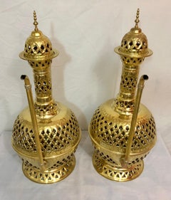Brass Moroccan Floor or Table Lamp Handmade in Filigree Design, a Pair