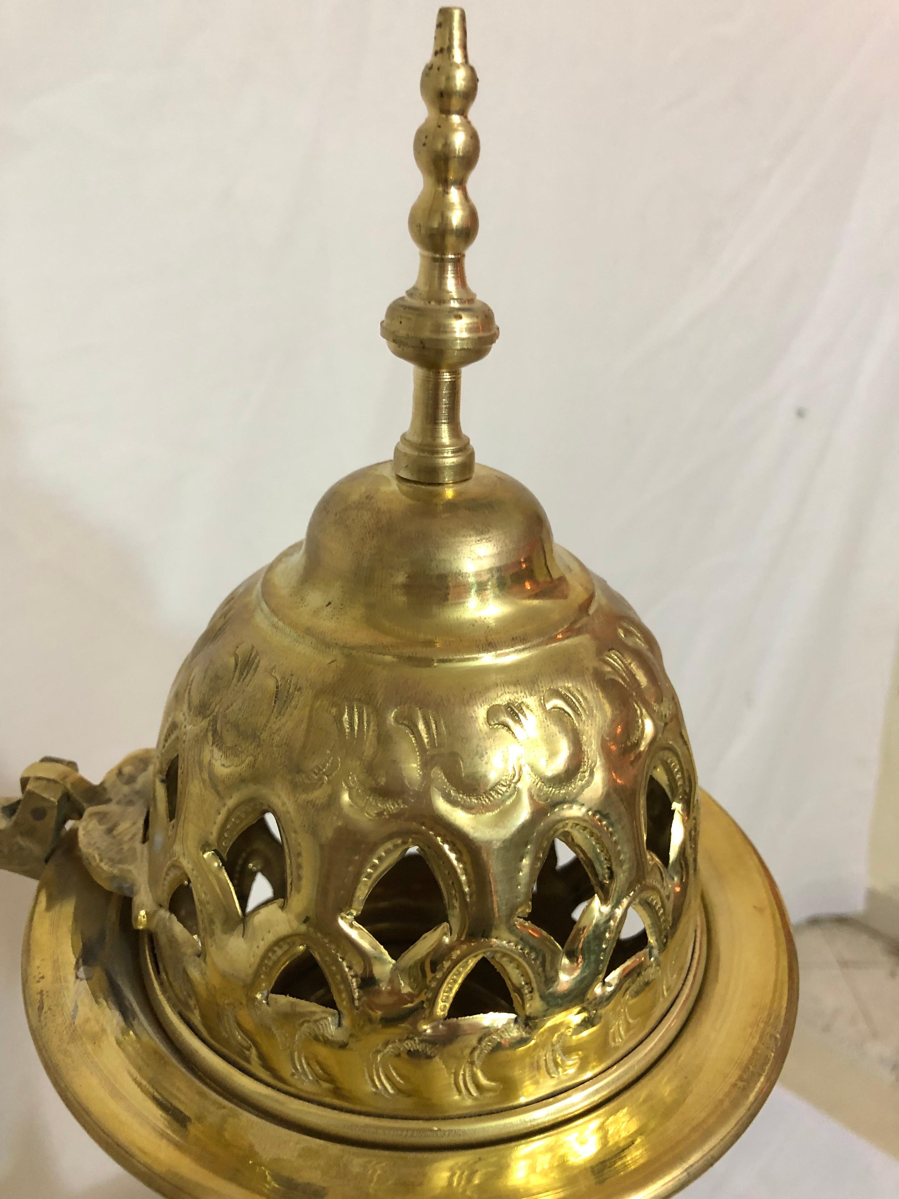 Moorish Brass Moroccan Floor or Table Lamp Handmade in Filigree Design, a Pair For Sale