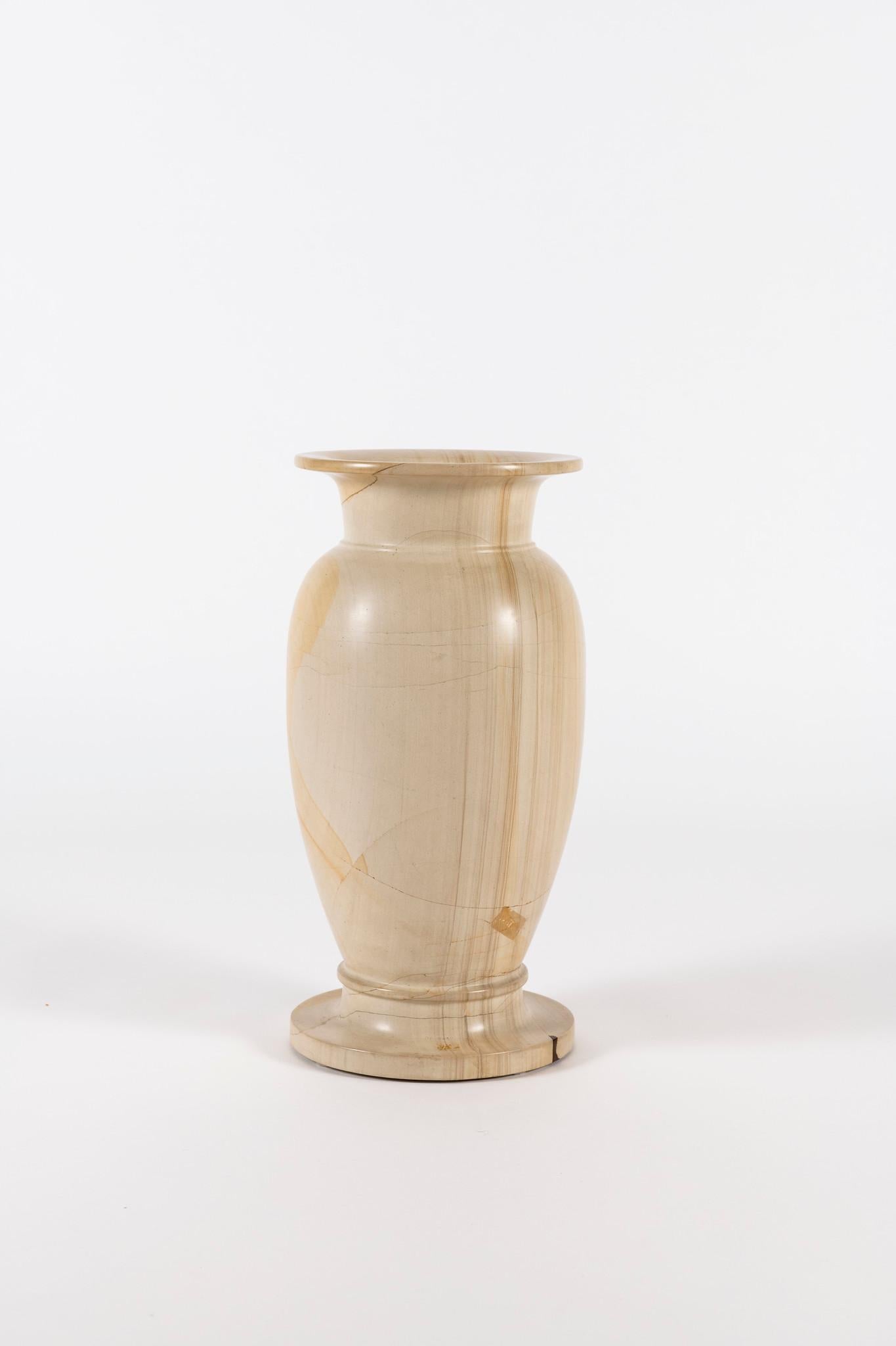 Turned Pair of Large Teak Wood Marble Vases